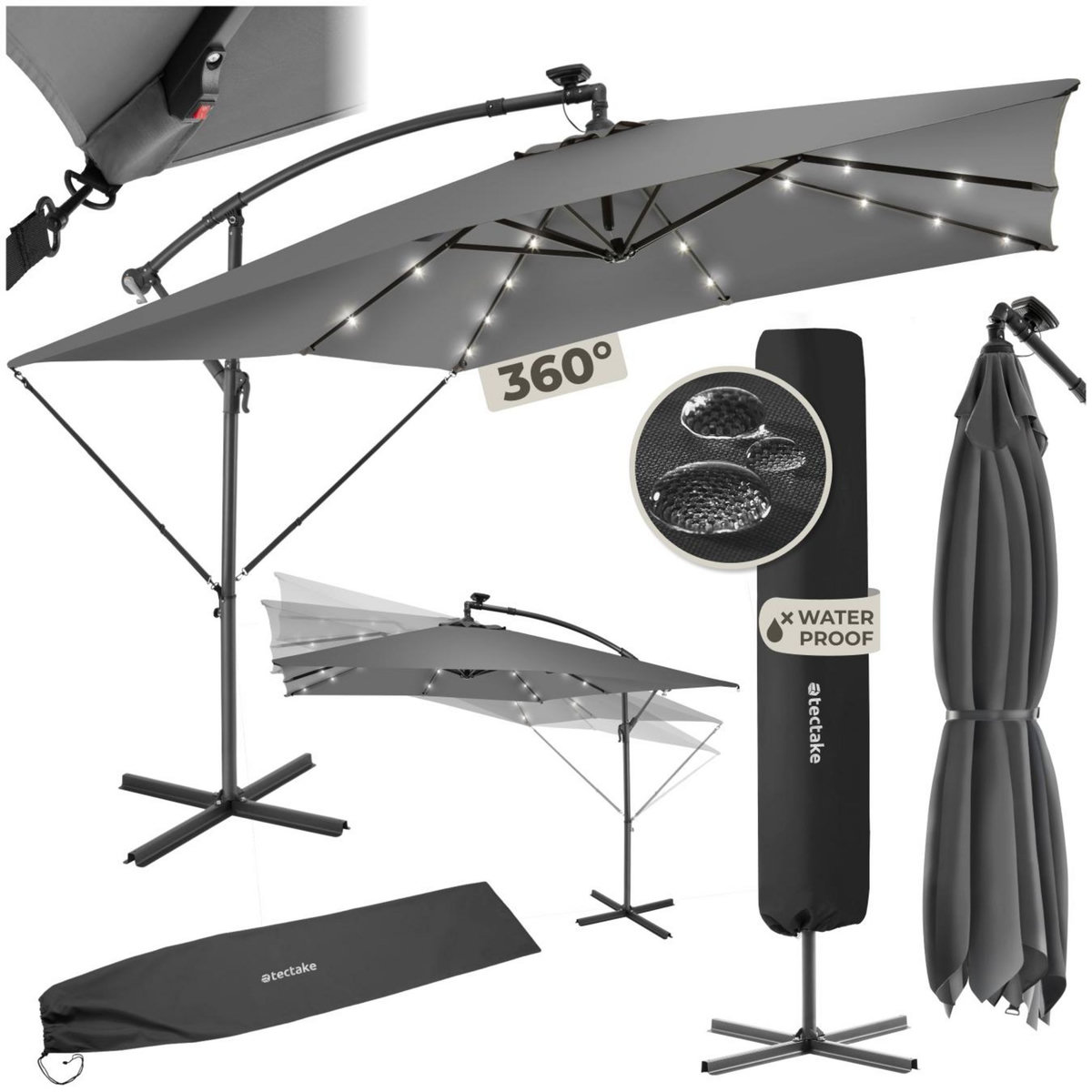 tectake Parasol 250 x 250 cm avec éclairage LED solaire gris clair