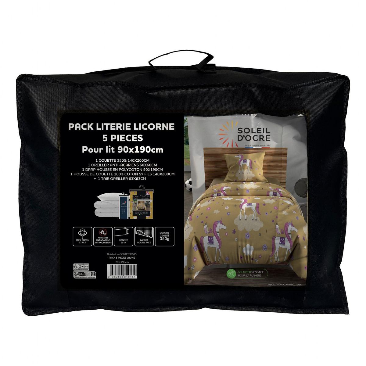 SOLEIL D'OCRE Ensemble couette et parure 5 Pièces LICORNES jaune pour lit en 90x190 cm, par Soleil d'ocre