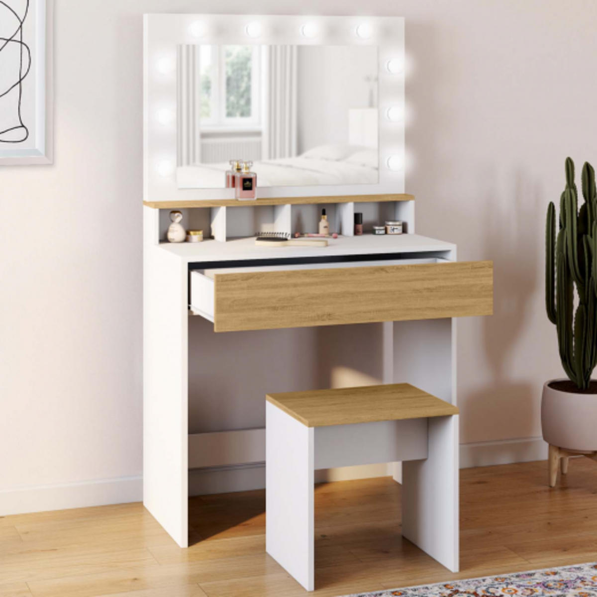 ID MARKET Coiffeuse ZELIA blanc et hêtre miroir LED avec 4 niches, 1 tiroir et tabouret