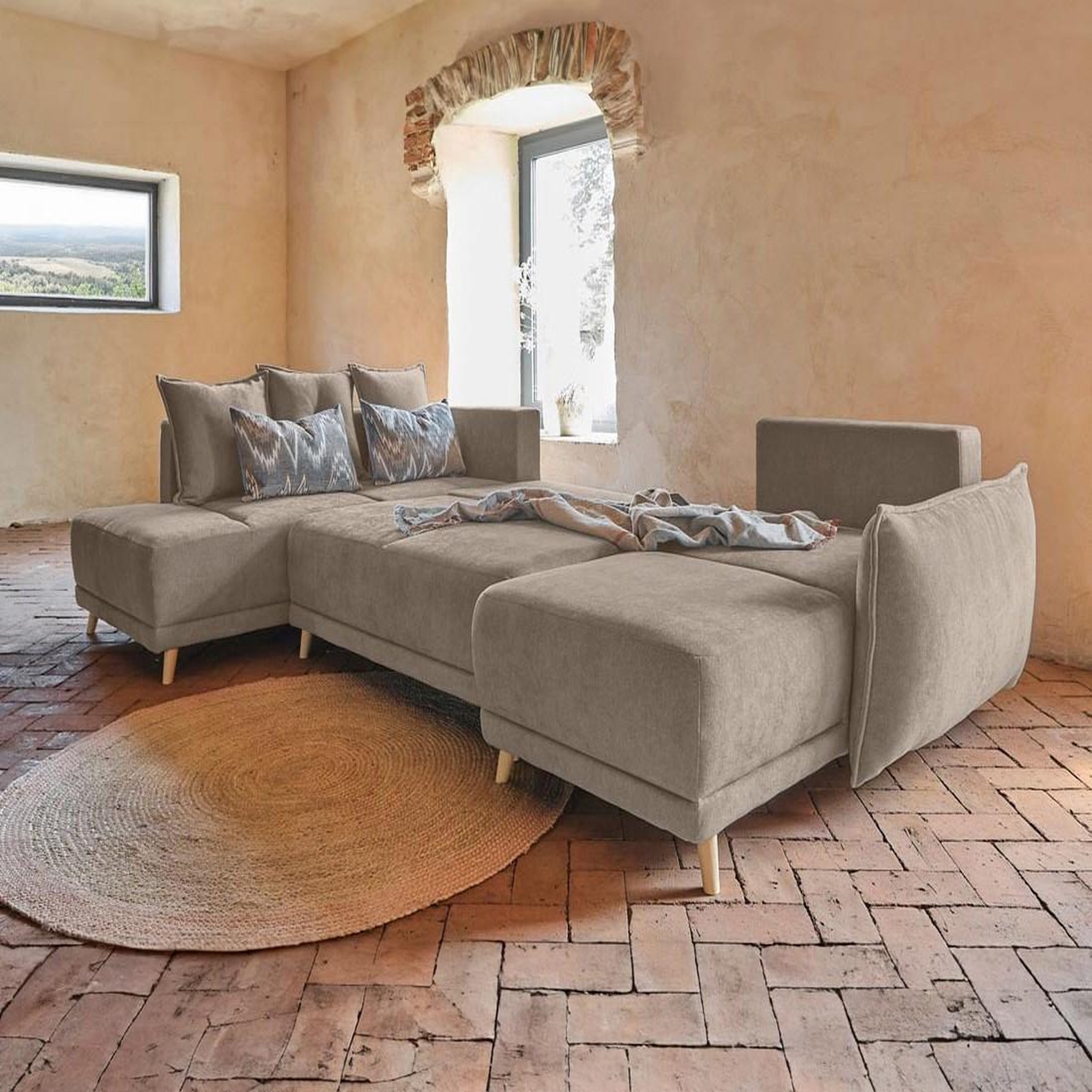 Voir la diapositive 2 : BEST MOBILIER Lena - canapé d'angle panoramique convertible - avec coffre - 7 places - gauche