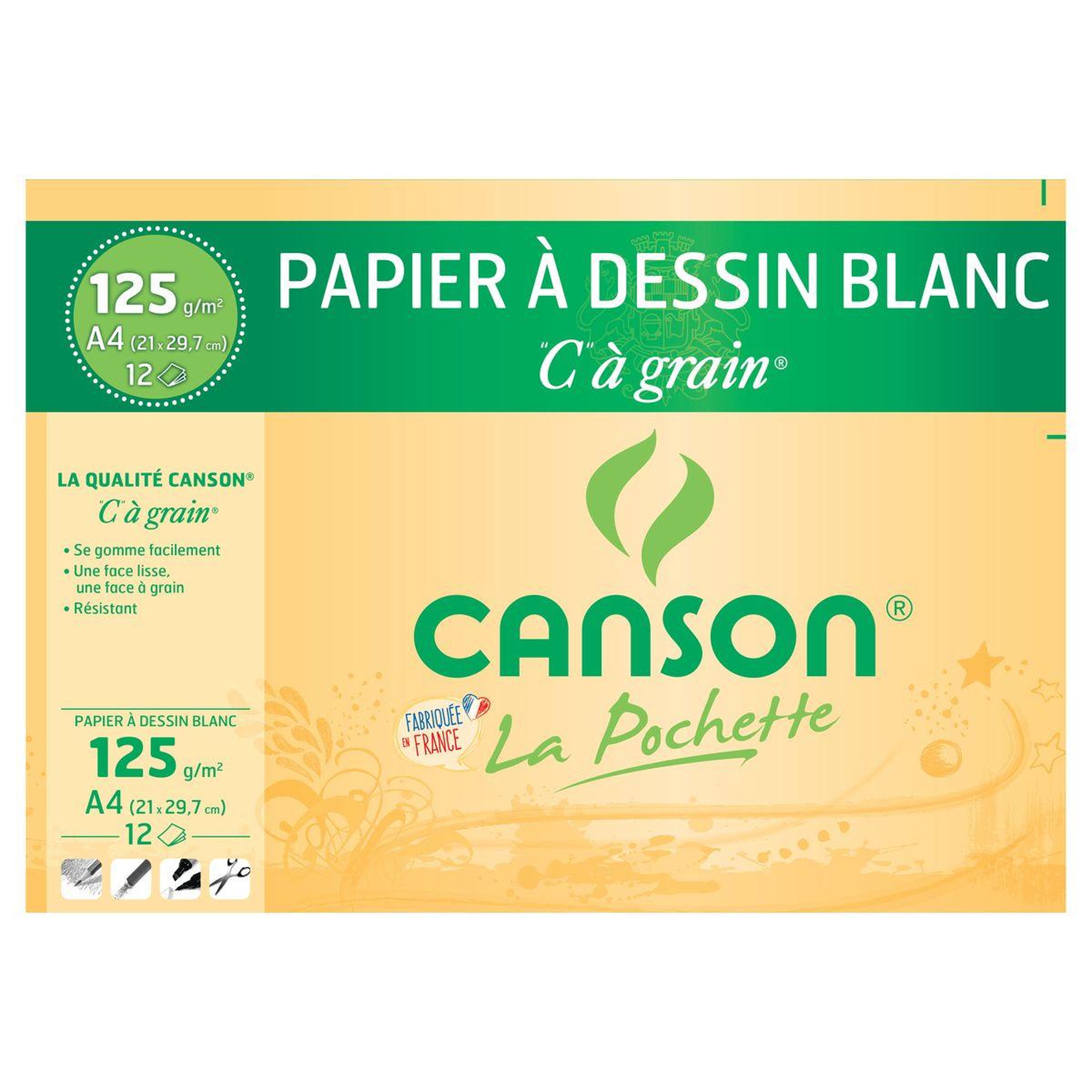 CANSON Pochette de papier à dessin 12 feuilles A4 125g/m2 blanc