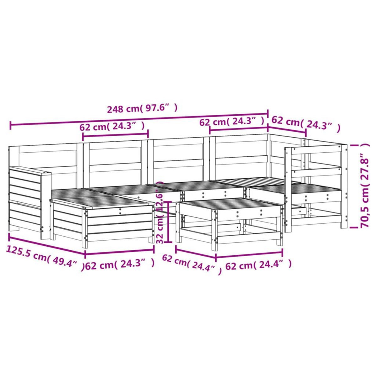 VIDAXL Salon de jardin 7 pcs blanc bois de pin massif
