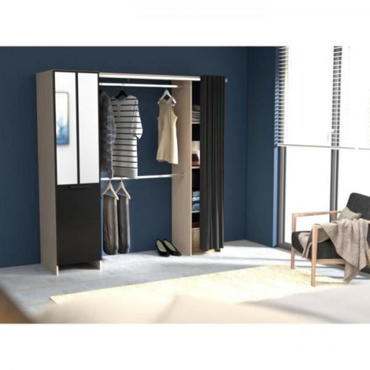EKIPA Dressing ARTIC avec rideau - EKIPA - Décor Chene et noir - 1 colonne + 1 armoire + 2 penderies + 2 tiroirs