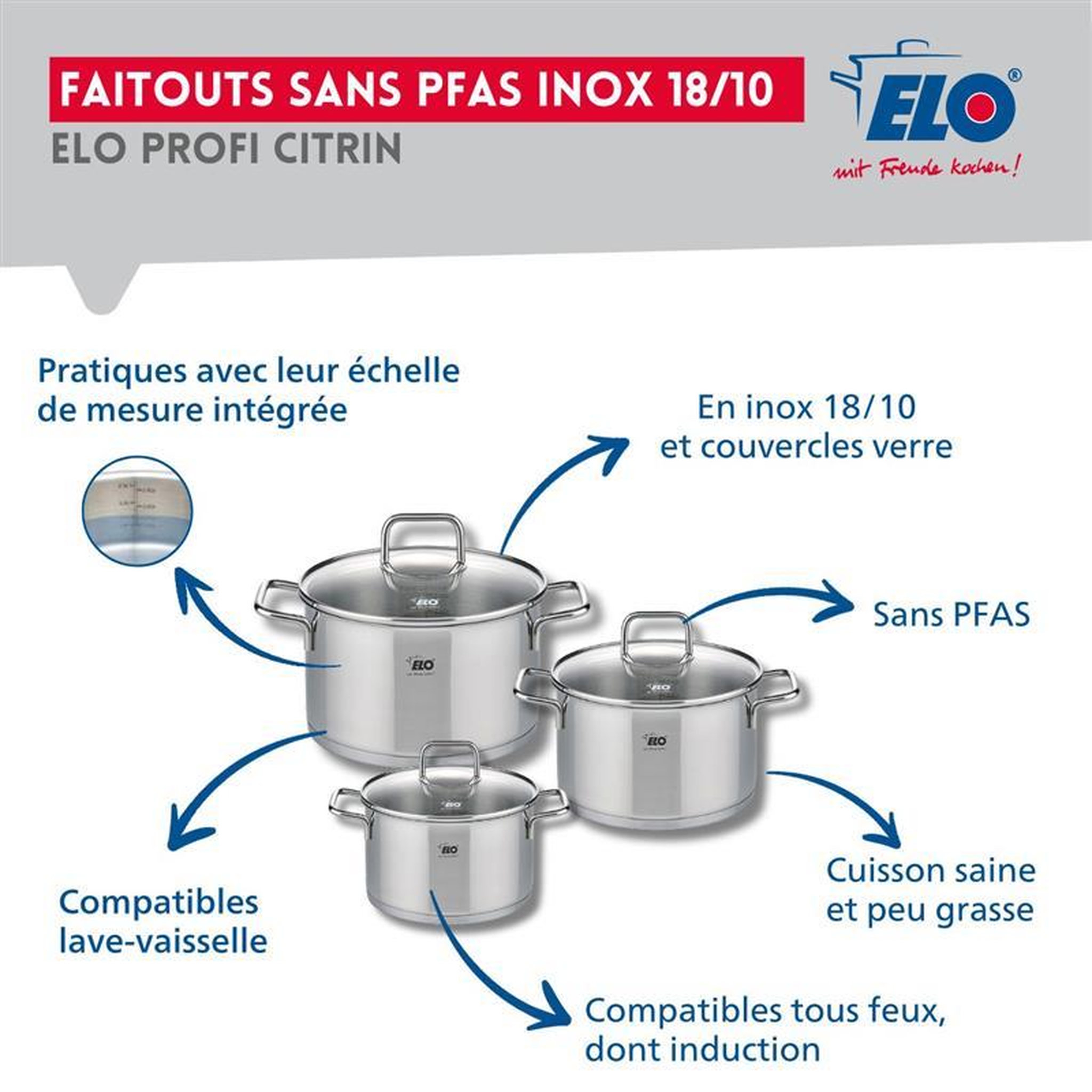 Voir la diapositive 3 : ELO Ensemble de 3 poêles de cuisson 24, 28 et 32 cm et 3 faitouts 12, 14 et 20 cm elo profi citrin