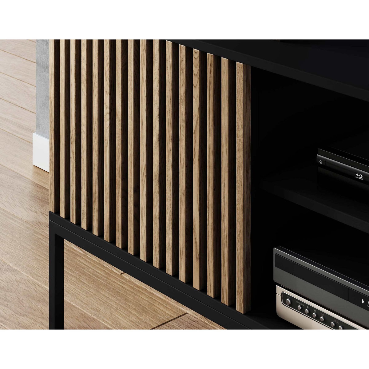 BEST MOBILIER Savanna - meuble tv - effet bois et noir - 2 portes et 2 niches - 150 cm