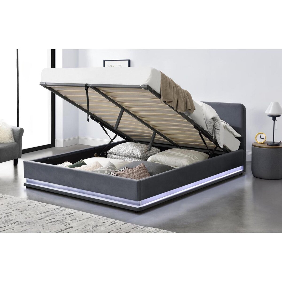 CONCEPT USINE Structure de lit avec LED 140 x 190 cm en velours gris NEWYORK