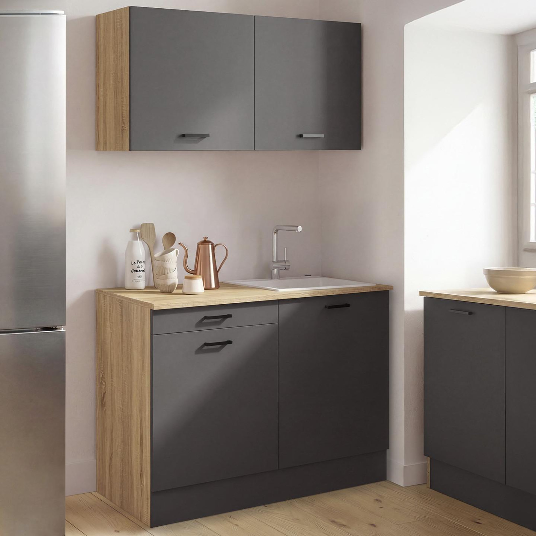 Voir la diapositive 2 : ID MARKET Cuisine complète kitchenette 120 cm stil avec plan de travail 3 éléments bois et noir