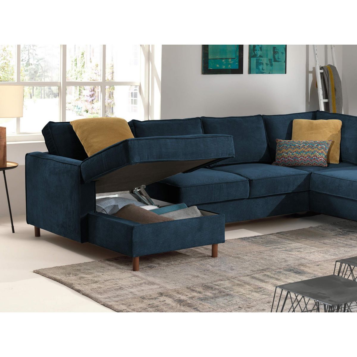 LISA DESIGN Jake - canapé panoramique d'angle droit - convertible avec coffre - 7 places - en velours côtelé