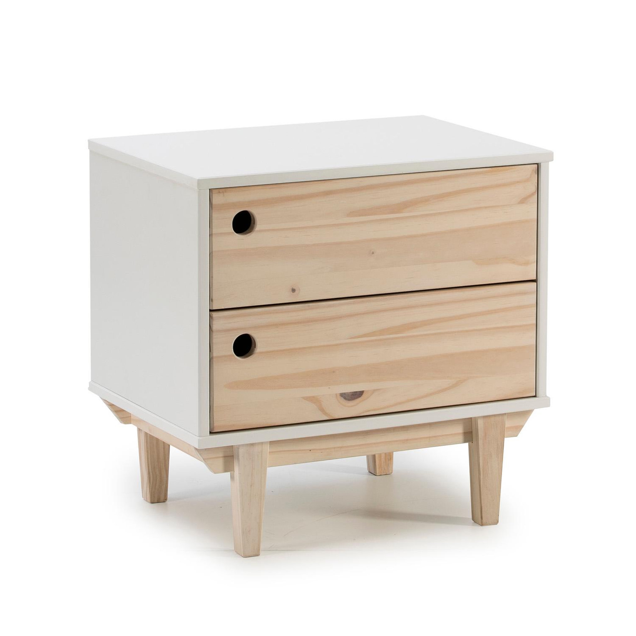 VS VENTA-STOCK Chevet Roma avec 2 tiroirs en Couleur Blanc, Pieds et façades en Bois Naturel