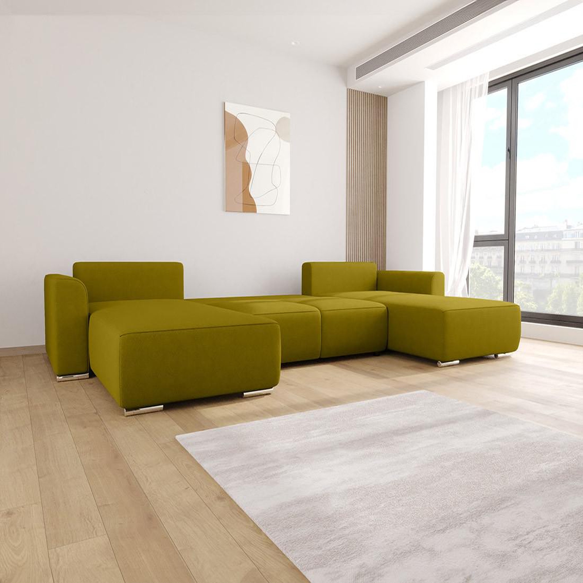 Voir la diapositive 3 : BEST MOBILIER Gabriel - canapé panoramique en u 7 places convertible avec coffre en tissu texturé