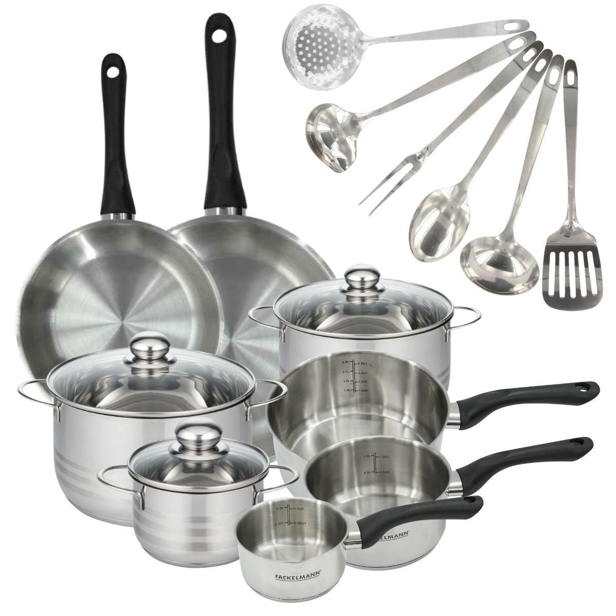 Fackelmann Set 2 poêles 24 28 cm, 3 casseroles 12 16 20 cm, 3 faitouts 16, 20 et 24 cm en inox et 6 ustensiles inox Fackelmann Geneva