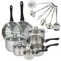 Voir la diapositive 1 : Fackelmann Set 2 poêles 24 28 cm, 3 casseroles 12 16 20 cm, 3 faitouts 16, 20 et 24 cm en inox et 6 ustensiles inox Fackelmann Geneva