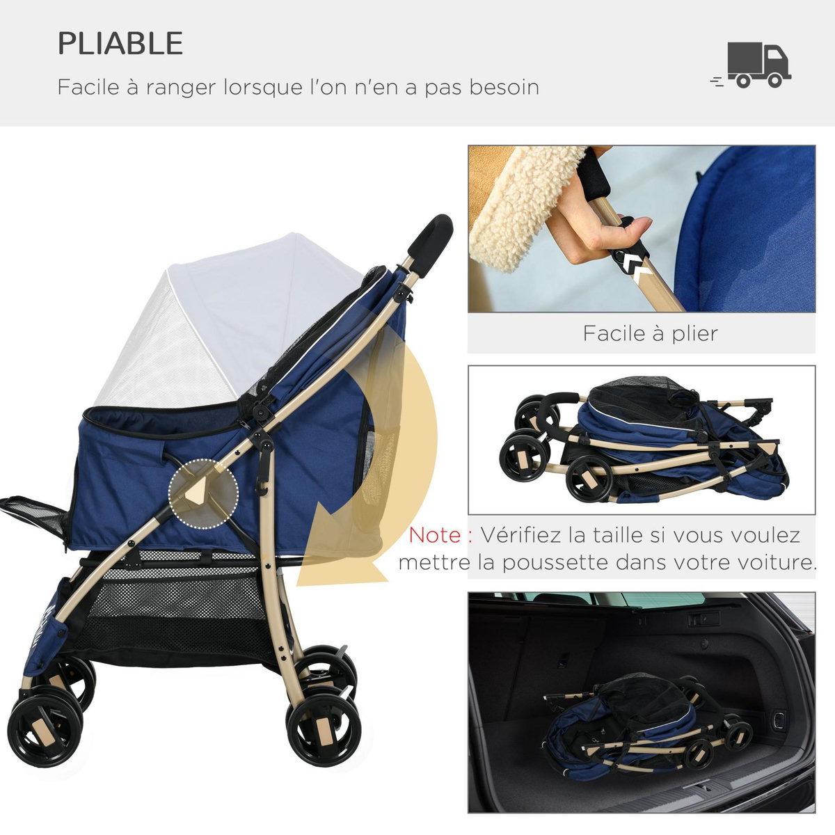 PAWHUT Poussette buggy pliable pour chien rangement laisses coussin inclus bleu