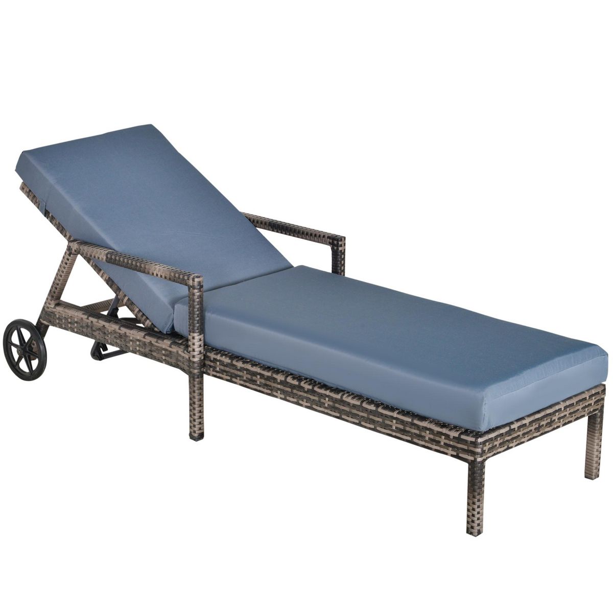 OUTSUNNY Transat bain de soleil grand confort : matelas, têtière, inclinaison réglable multipositions, accoudoirs, roulettes résine tressée gris