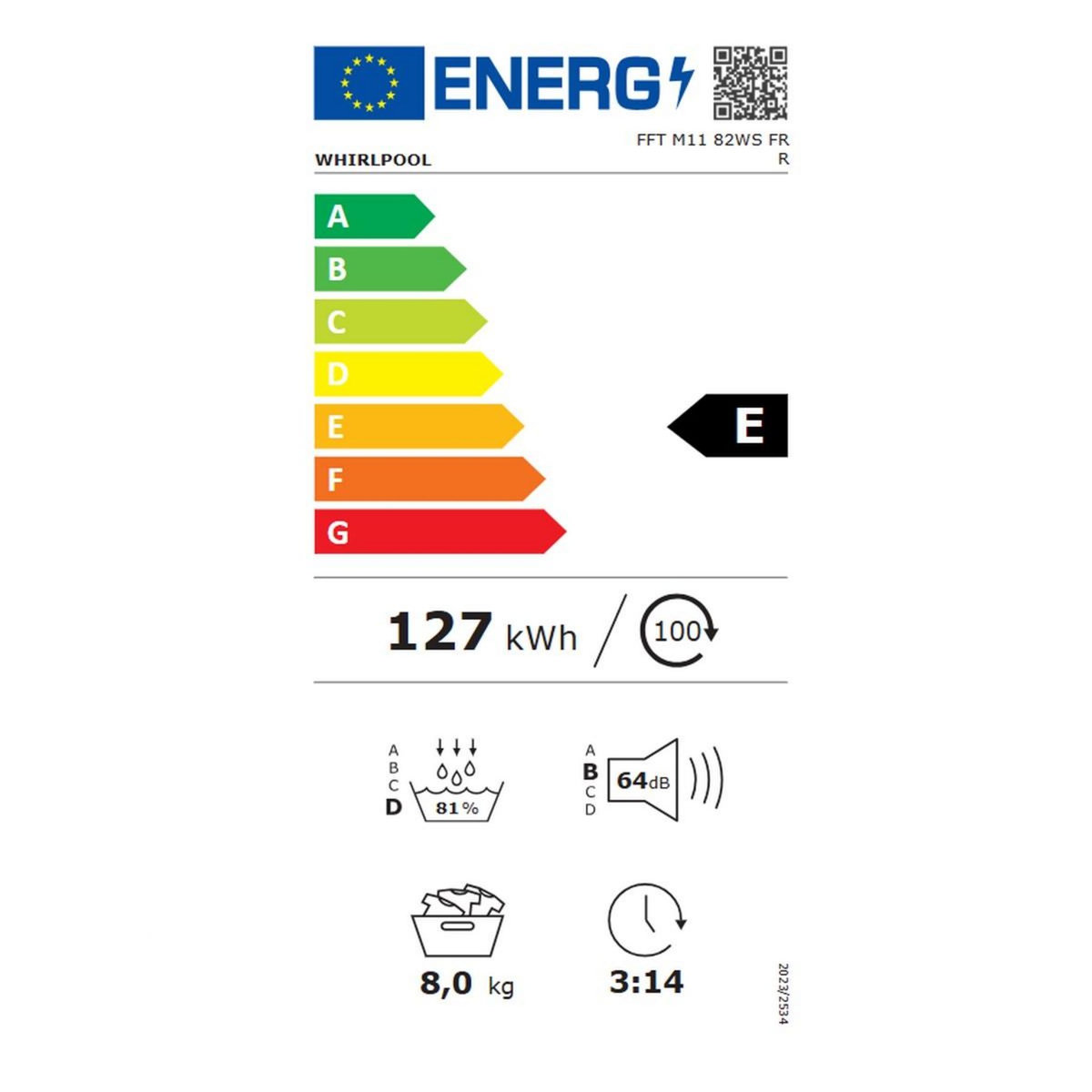 Whirlpool Sèche-linge pompe à chaleur 60cm 8kg blanc - FFTM1182WSFRR