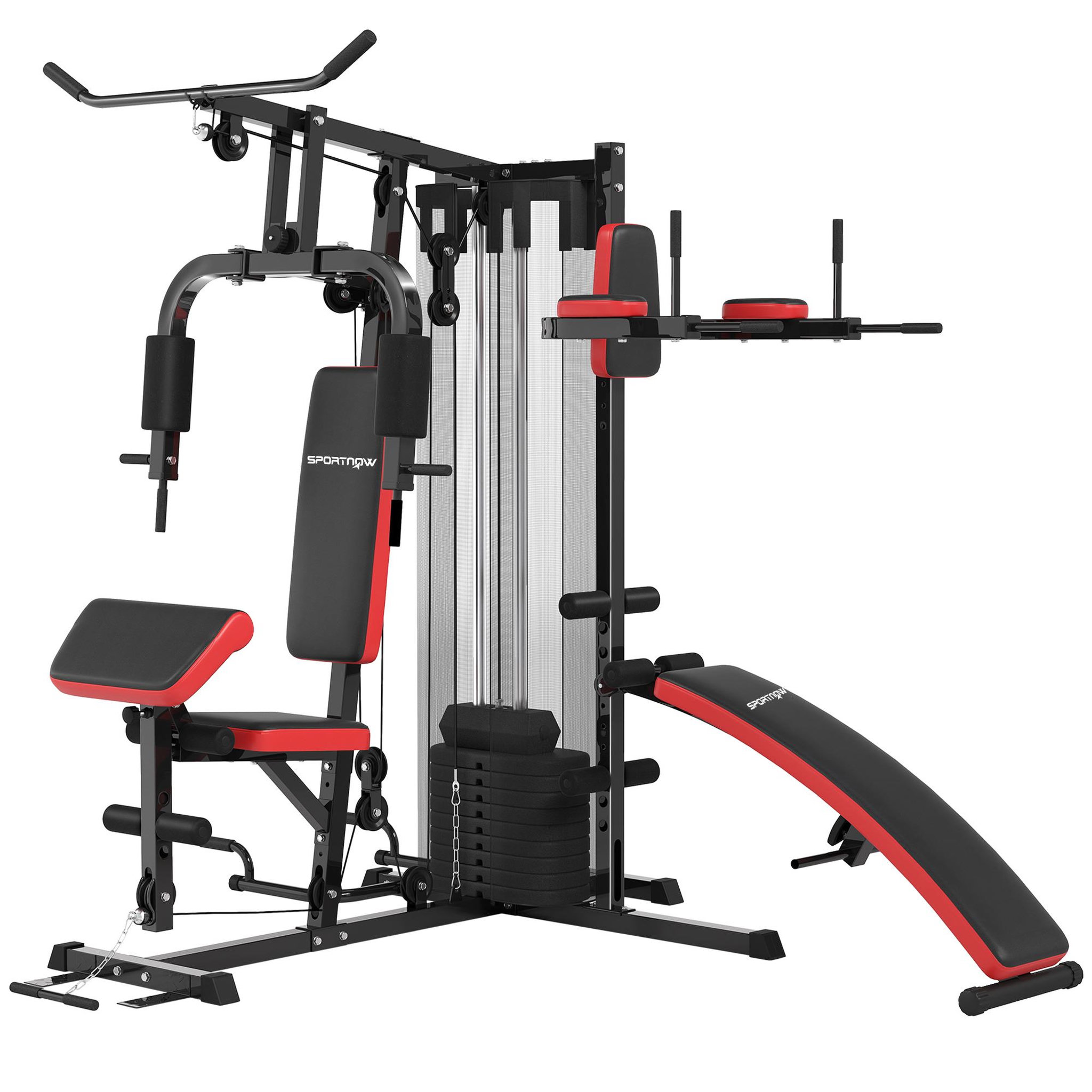 Voir la diapositive 1 : HOMCOM Station de musculation - banc, développé couché, butterfly, barre latissimus et traction, curler, bande résistance, 10 contrepoids - acier noir rouge