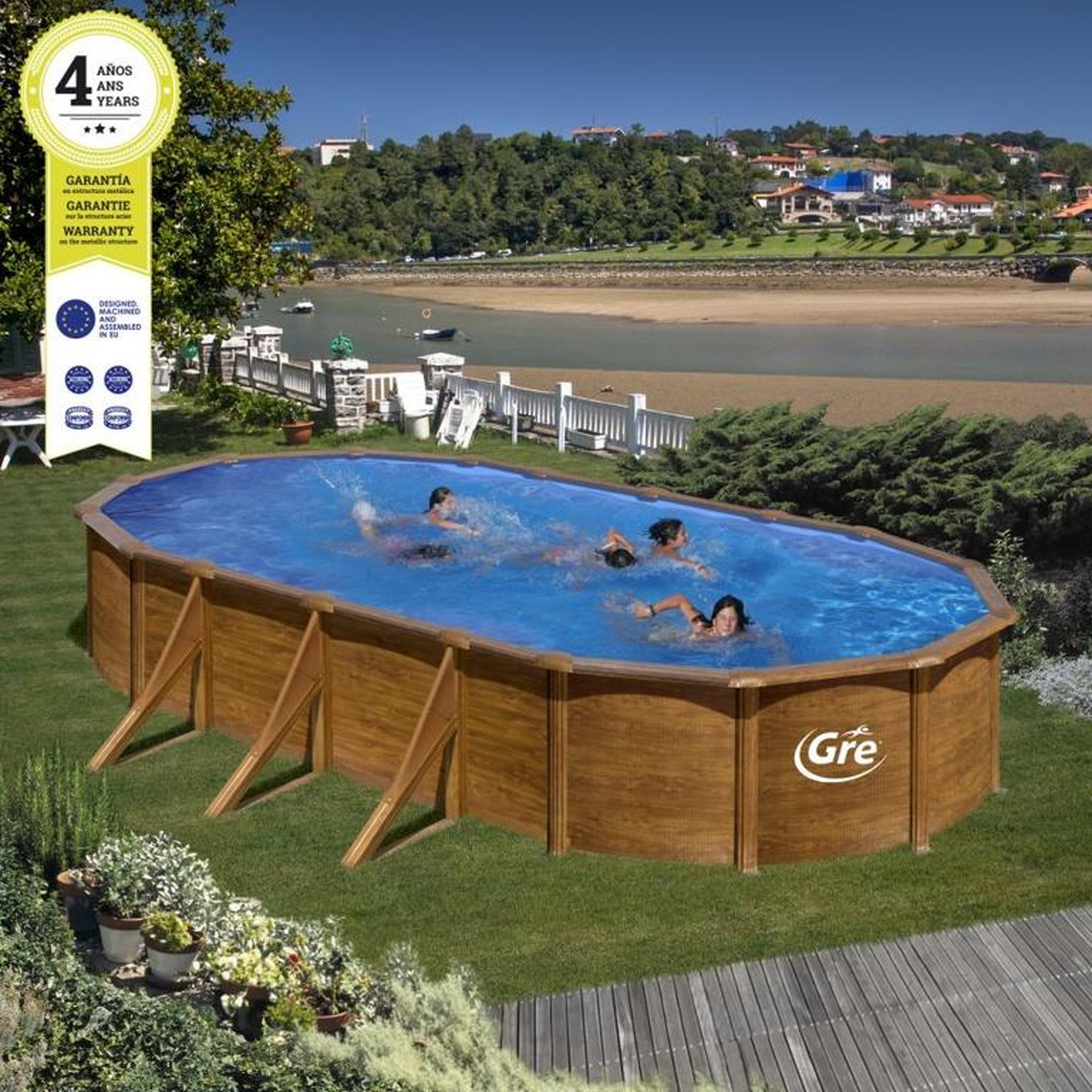GRE Piscine ovale acier 7,44m x 3,99m x H: 1,22m - Imitation bois - Filtration à sable - Renforts apparents