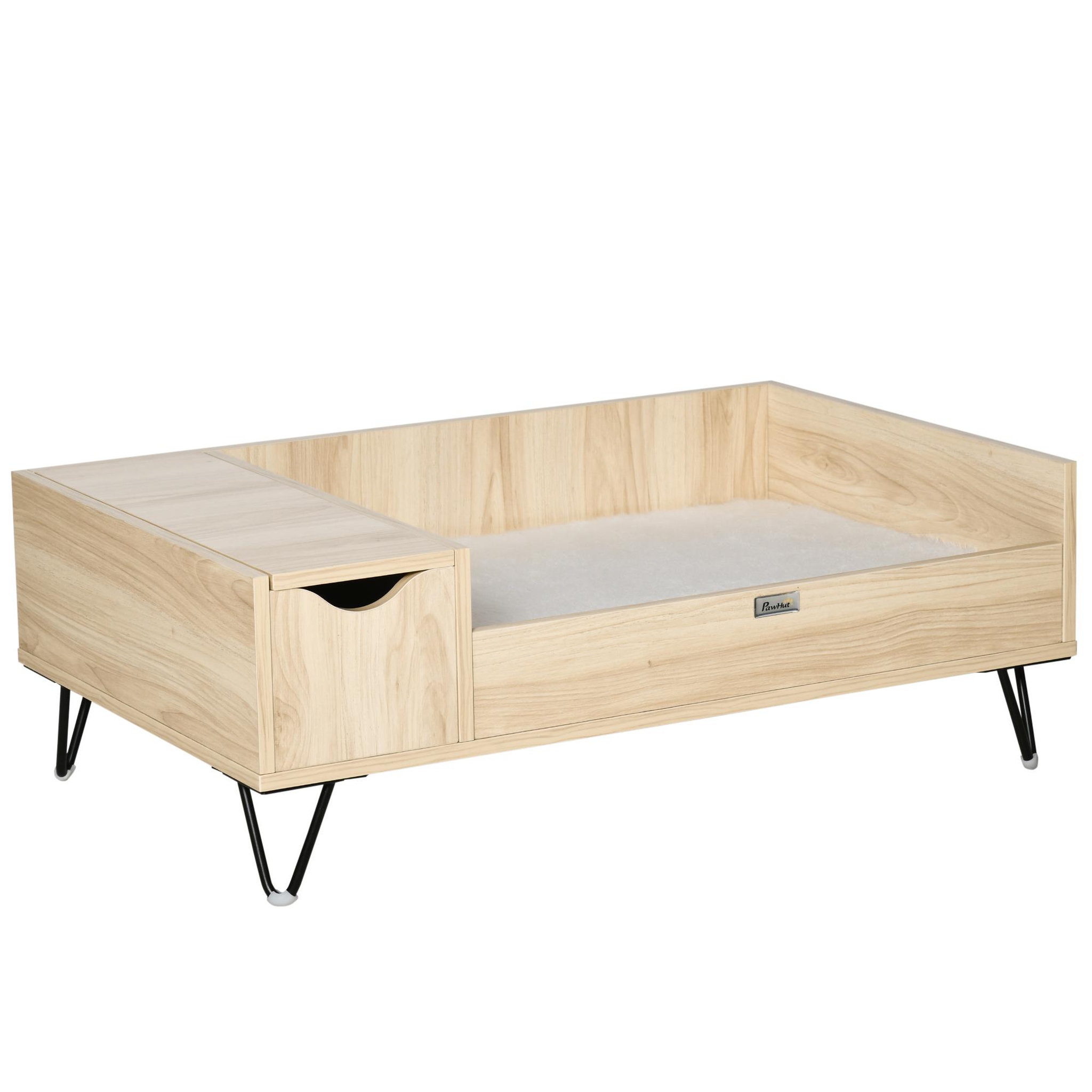 Voir la diapositive 1 : PAWHUT Canapé chien chat style cosy naturel - coussin aspect fourrure blanc et coffre inclus - dim. 89L x 56l x 31H cm - pieds acier en épingles lit MDF aspect bois clair naturel
