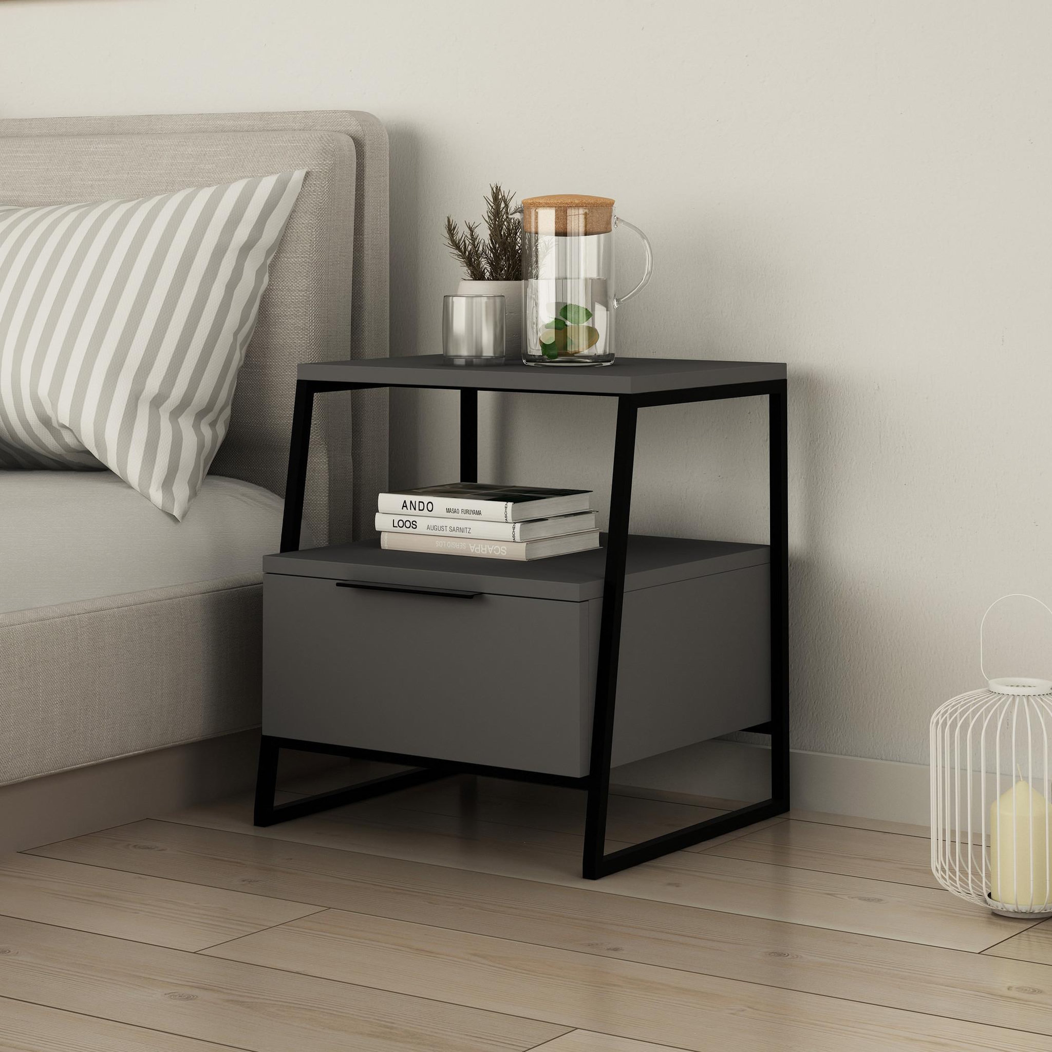 Voir la diapositive 2 : Habitat et Jardin Table de chevet en bois  Pal  - 45 x 40 x 50 cm - Gris anthracite