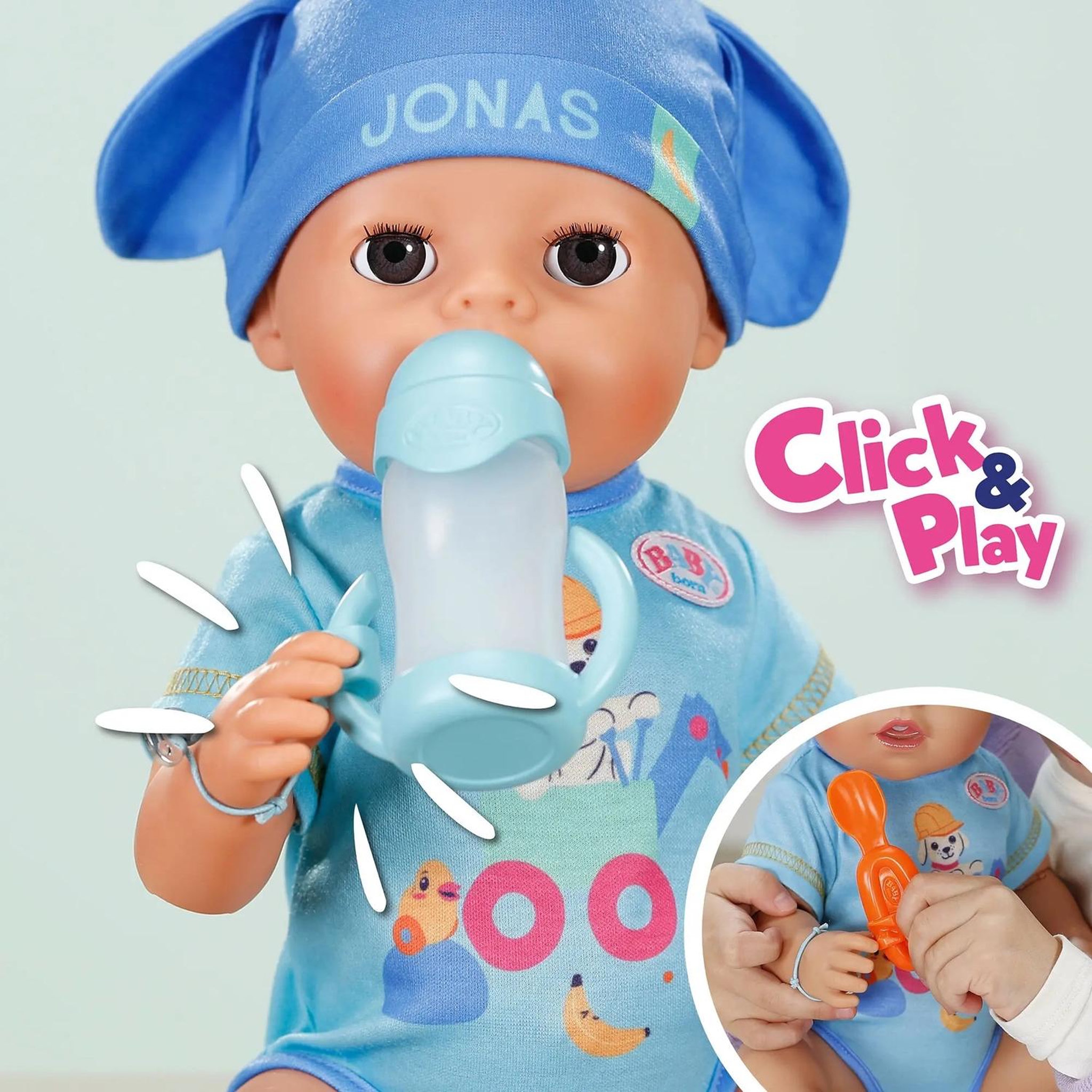 Voir la diapositive 3 : Zapf Creation Poupée interactive Click & Play 43 cm Jonas multicolore avec 8 accessoires, 10 fonctions dont boit, mange à couleur magique et fait pipi