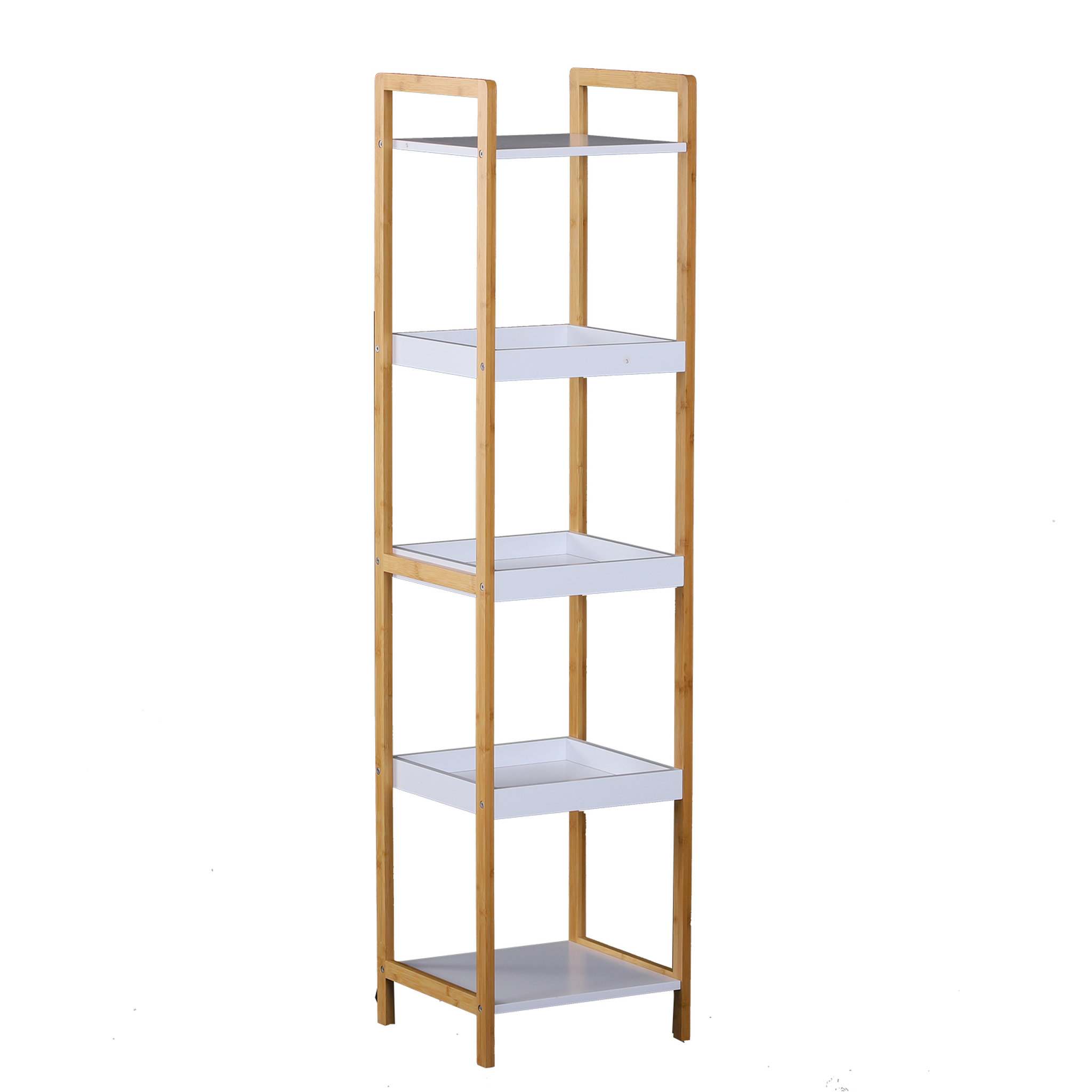 Voir la diapositive 1 : HOMCOM Etagère en bambou de salle de bain étagère debout 3 paniers + 2 étagères dim. 32L x 30l x 130H cm beige blanc