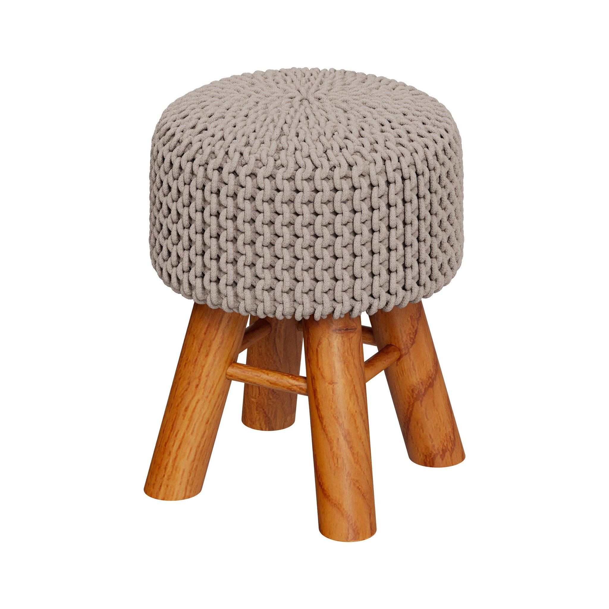 MAISON PAVANE Petit tabouret rond en tricot coton gris clair et pieds en bois-lisa
