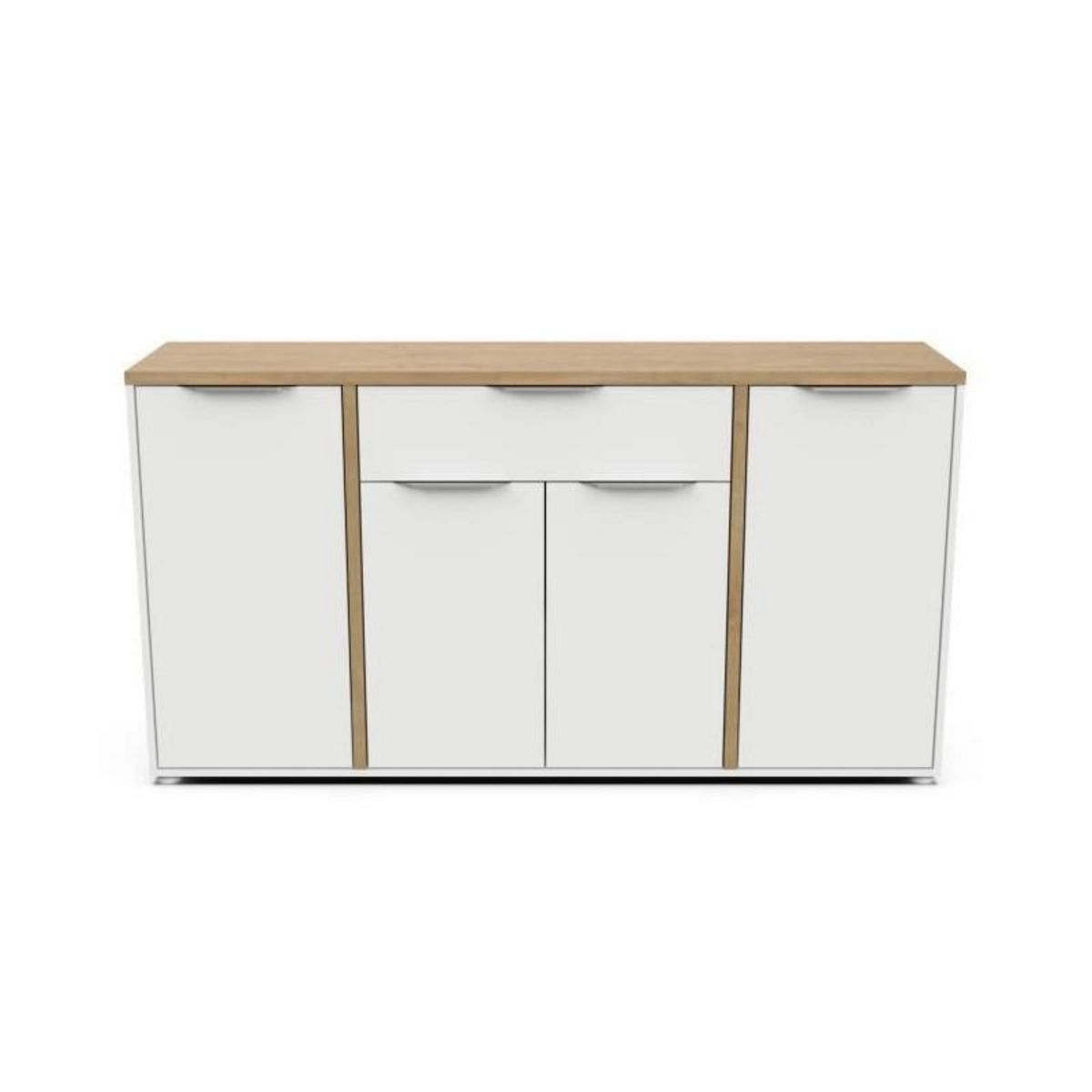 Demeyere Ensemble Salon ACCESS : Table basse + Banc TV + Enfilade 4 portes - Decor chene Hamilton et blanc