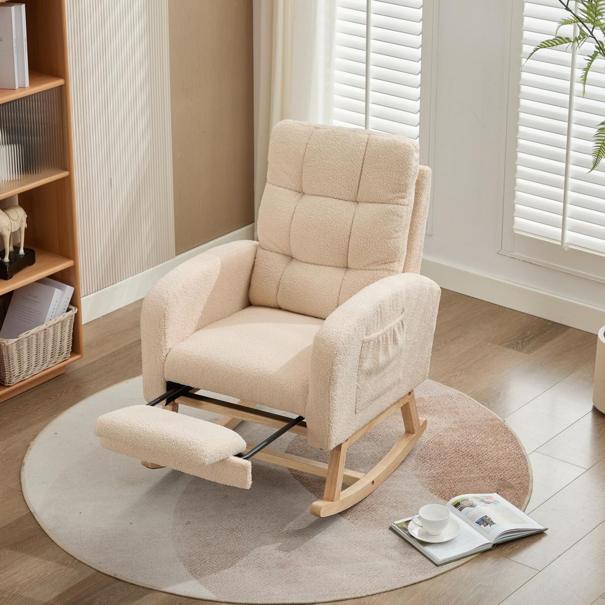 MERAX Fauteuil à Bascule Rocking Chair Avec Repose-pieds Teddy Beige
