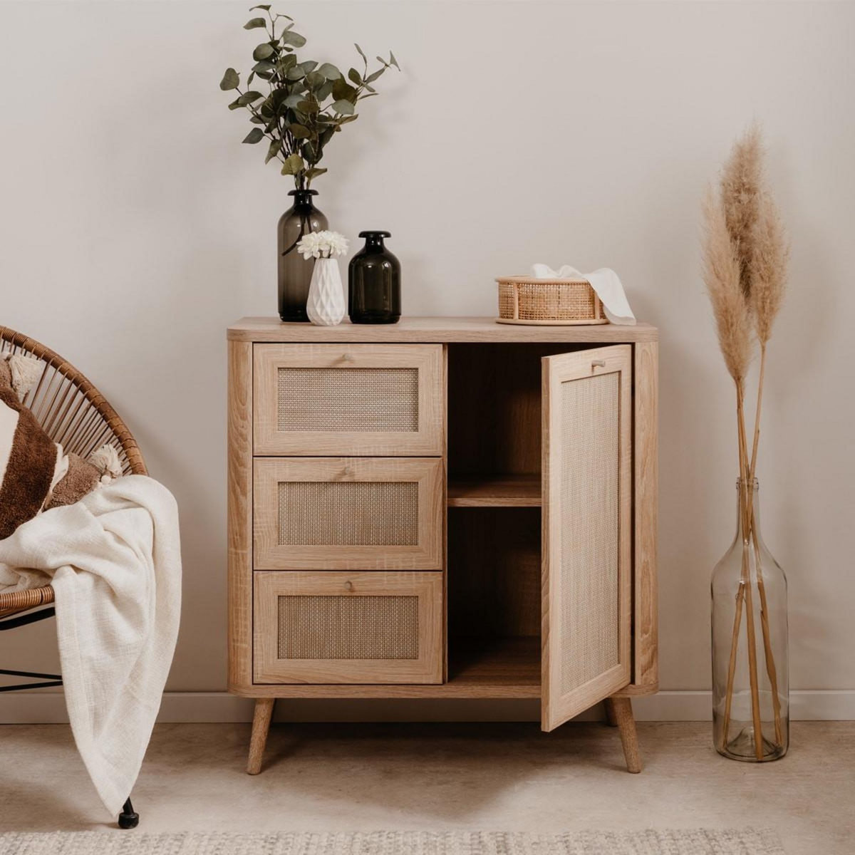 HOMIFAB Petit buffet cannage et effet bois naturel 81 cm - Padang