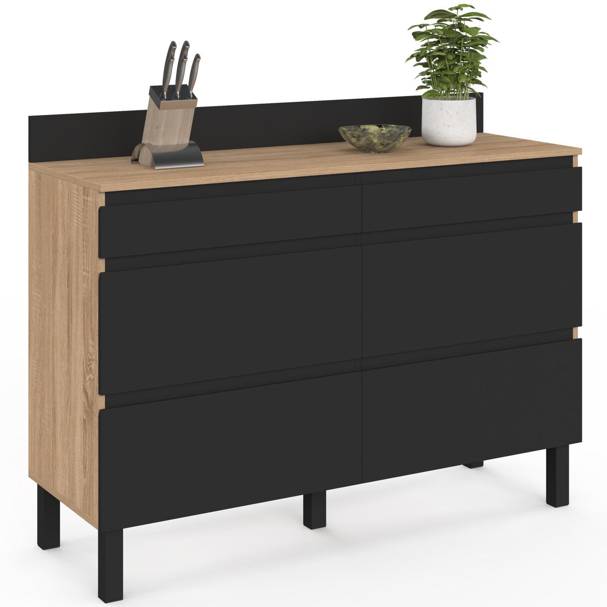 Voir la diapositive 3 : ID MARKET Buffet bas double casserolier de cuisine 120 cm claude plan de travail h. 83 cm 6 tiroirs bois et noir