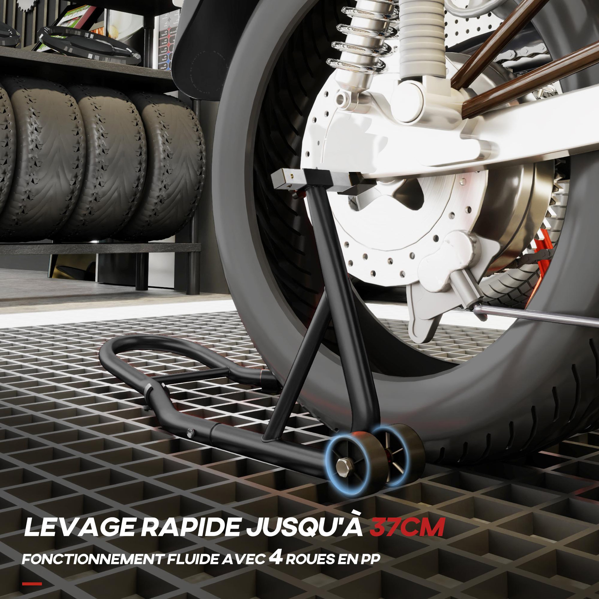 Voir la diapositive 4 : HOMCOM Support béquille de moto arrière support de roue lève moto arrière sur roulettes avec bobine de bras oscillant U + L, noir