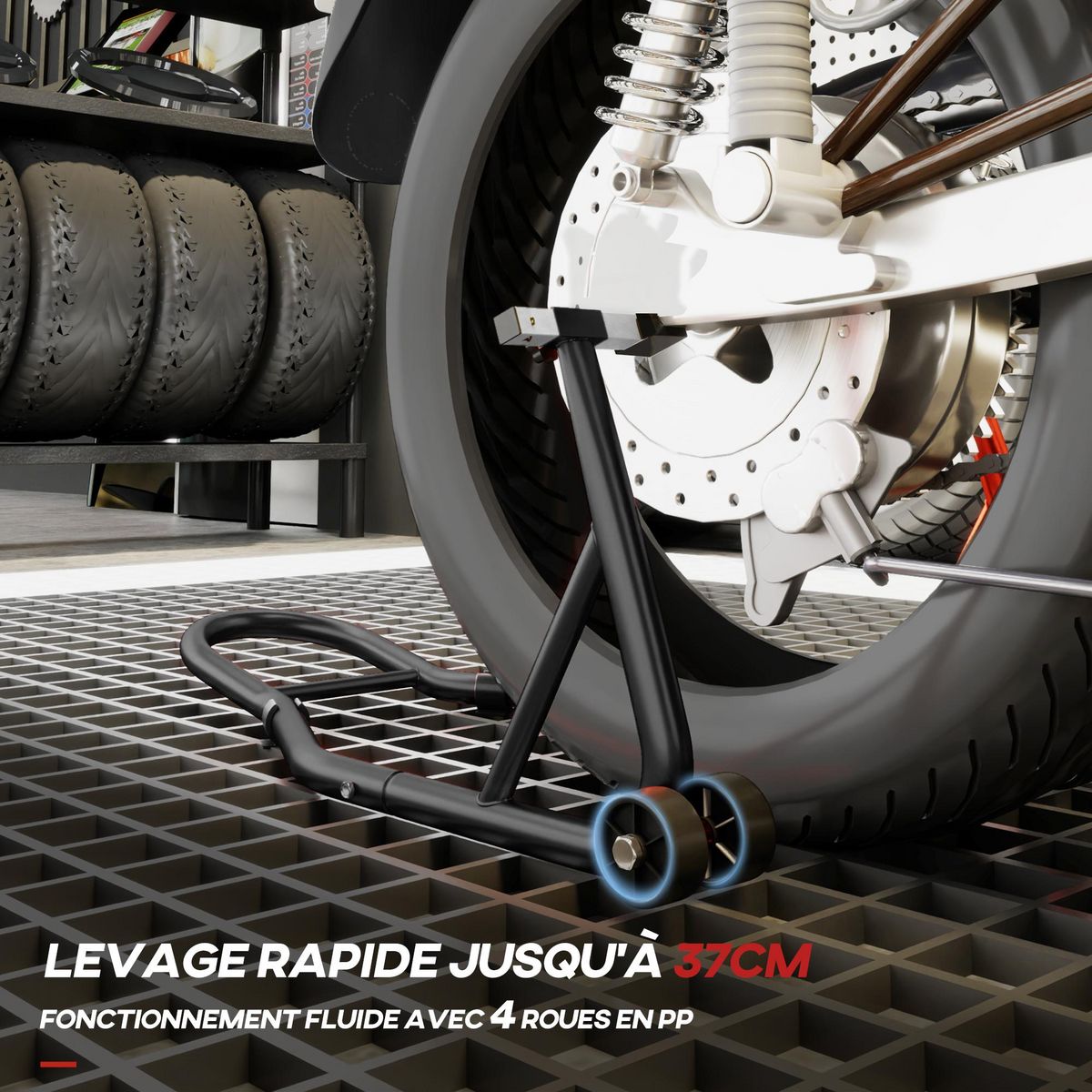 HOMCOM Support béquille de moto arrière support de roue lève moto arrière sur roulettes avec bobine de bras oscillant U + L, noir