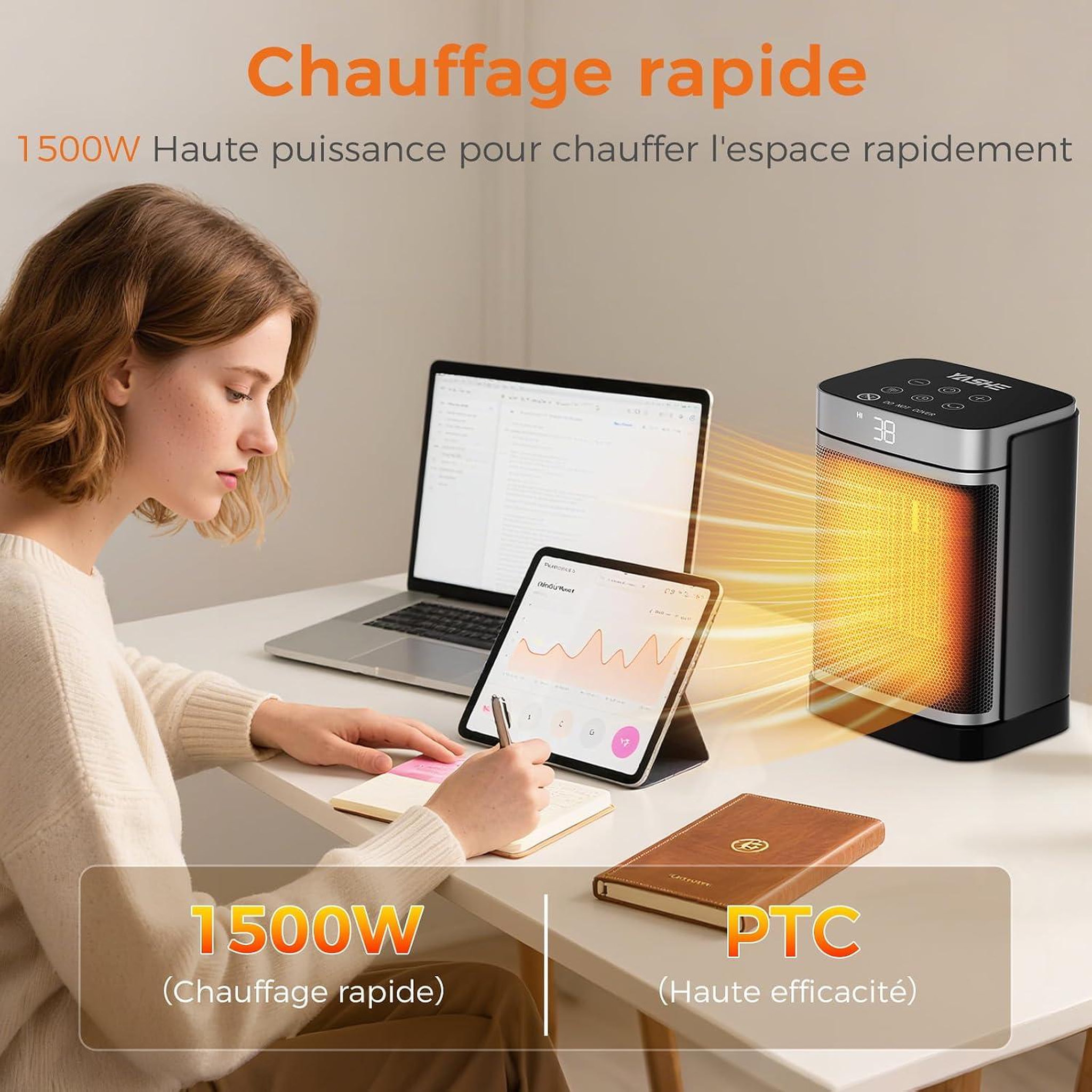Voir la diapositive 2 : YASHE Chauffage soufflant 1500 W, thermostat, télécommande