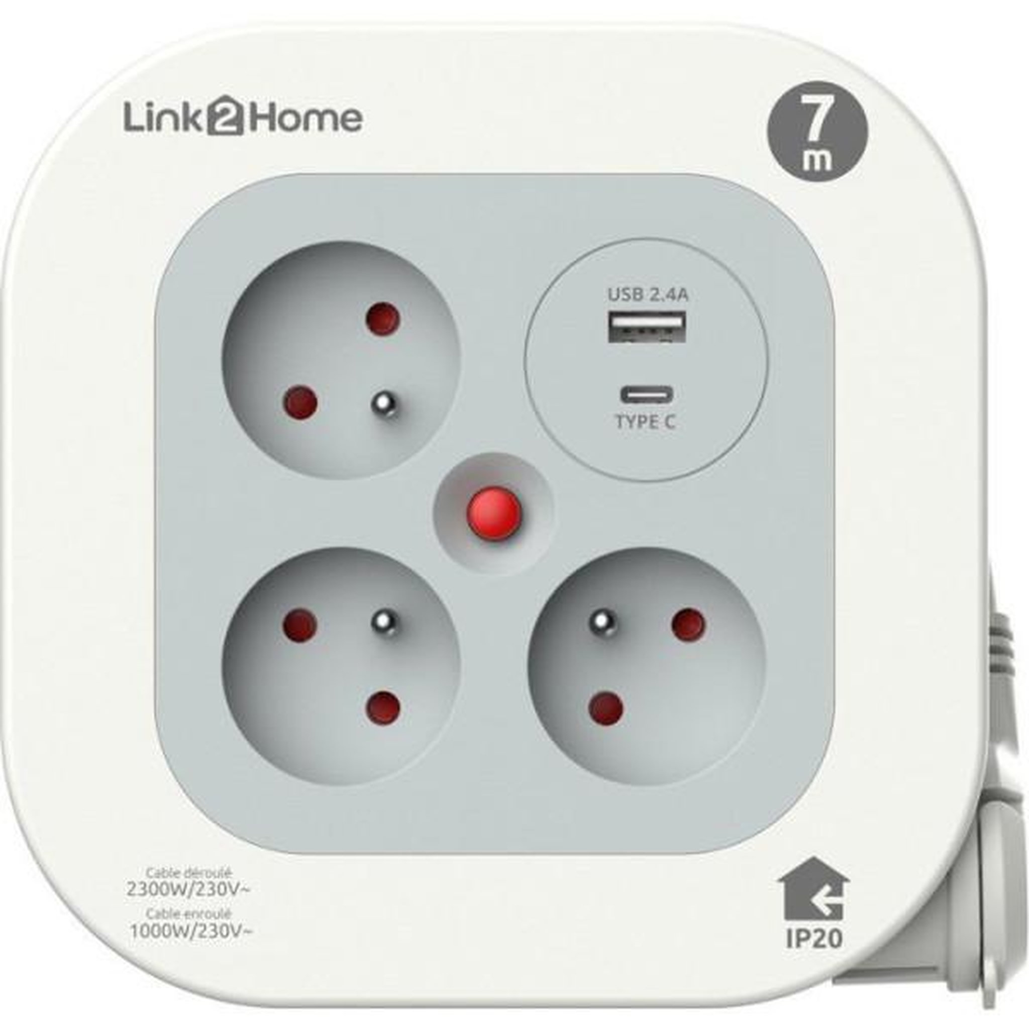Voir la diapositive 3 : LINK2HOME Enrouleur multiprise compact - link2home - 3 prises + usb a+c - 3000w déroulé / 1000w enroulé - câble 7 m