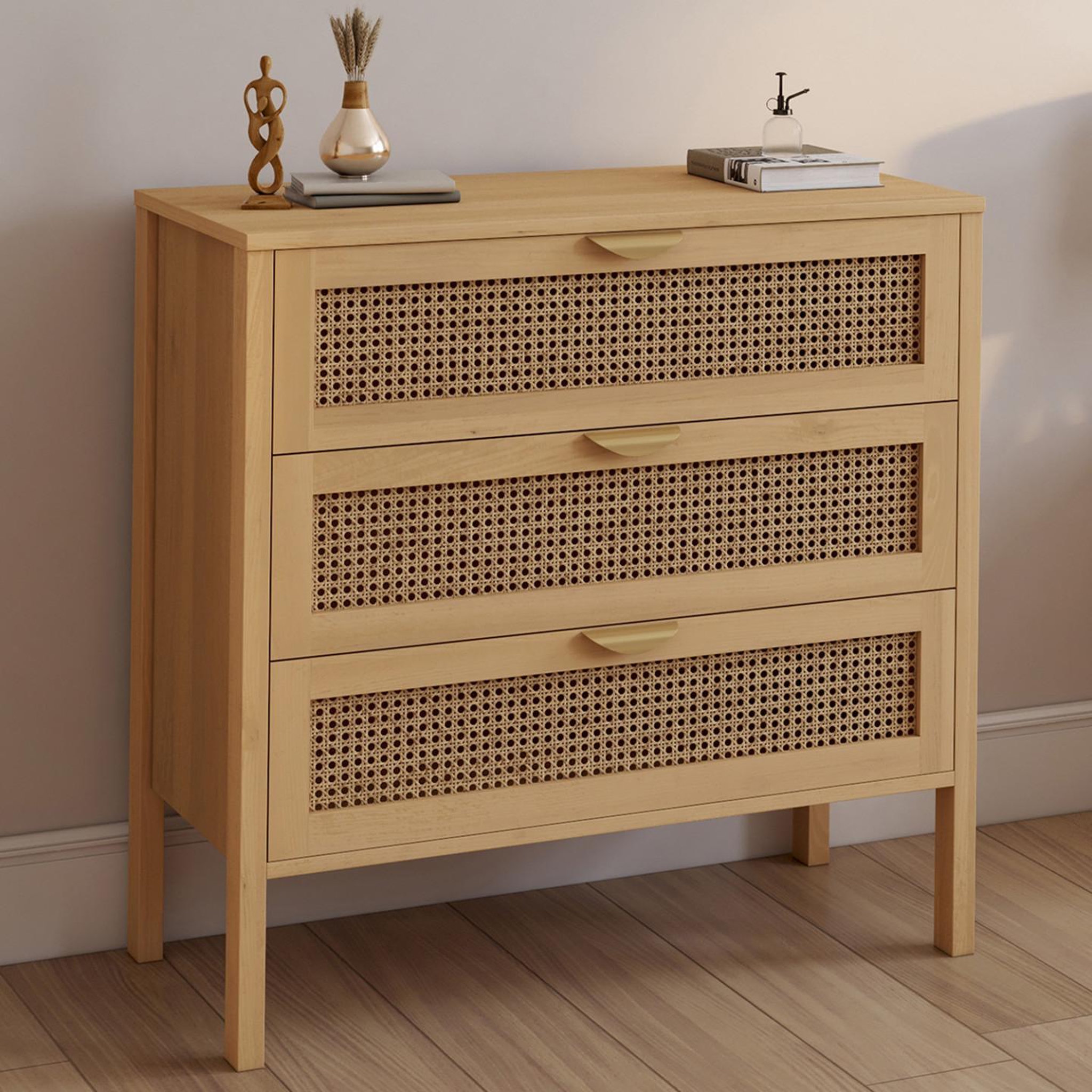 Voir la diapositive 2 : ID MARKET Commode 3 tiroirs edhen 80 cm cannage coloris bois