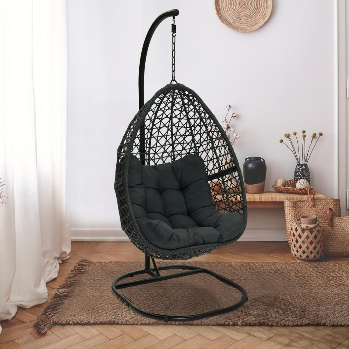 ID MARKET Fauteuil lune suspendu ajouré effet rotin avec coussin gris