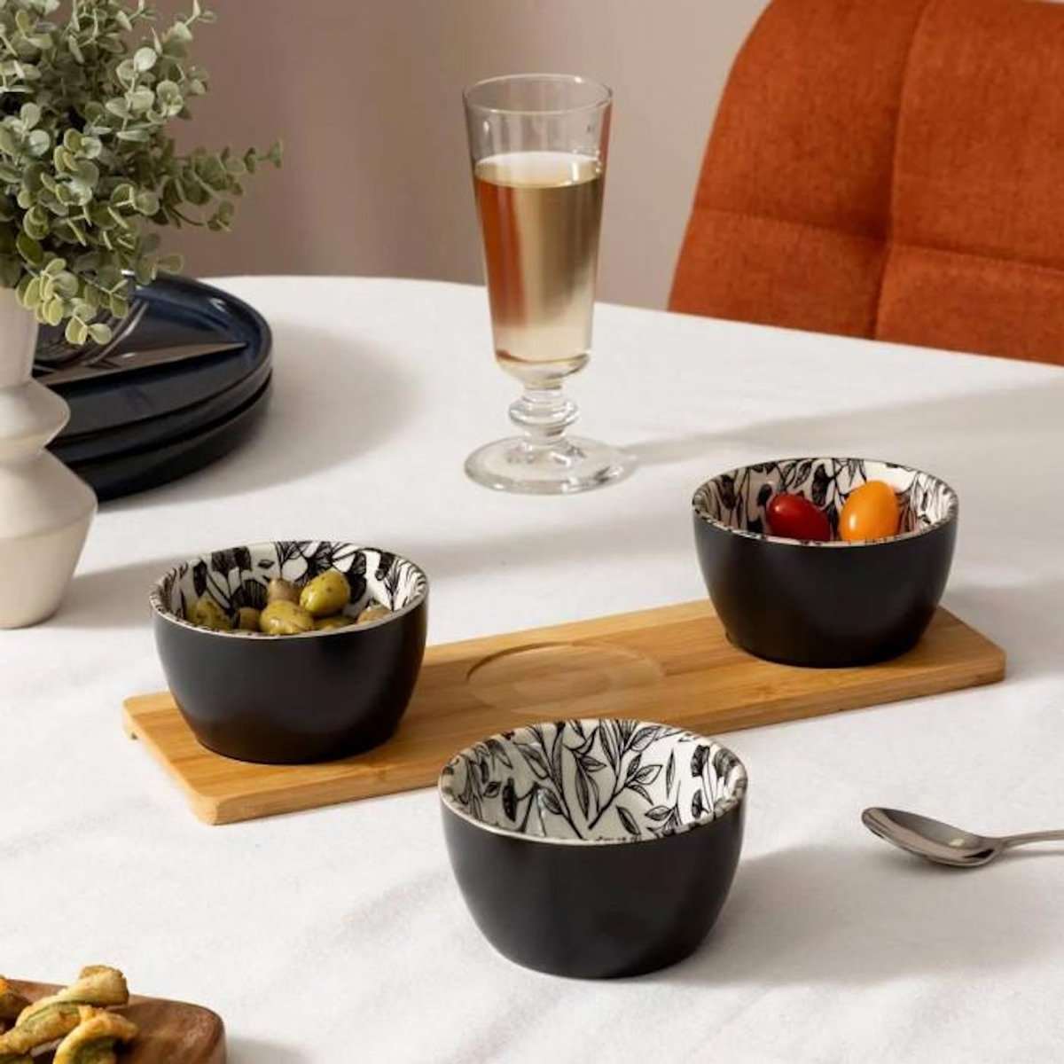 SECRET DE GOURMET Set Apéritif 4 Pièces  White Floral  31cm Noir