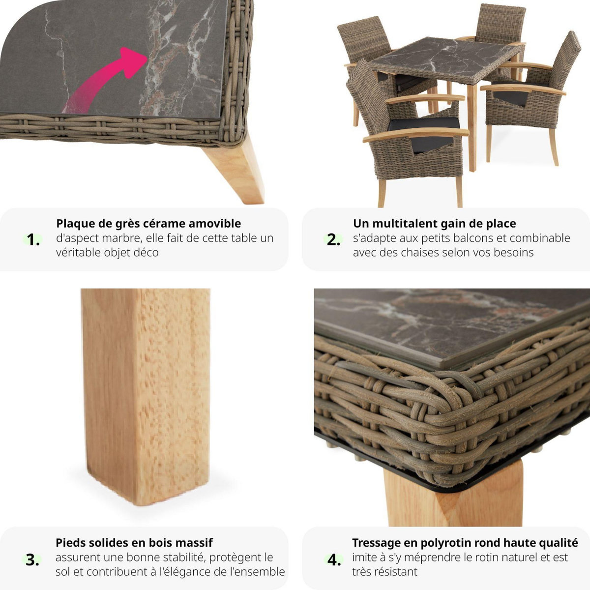 tectake Table en rotin avec cadre en aluminium et bois marron naturel