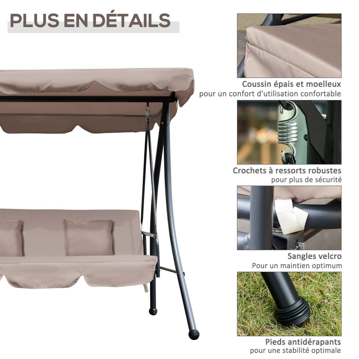 OUTSUNNY Balancelle de jardin convertible 3 places grand confort inclinaison toit réglable matelas fourni 2L x 1,25l x 1,7H m métal polyester noir et beige