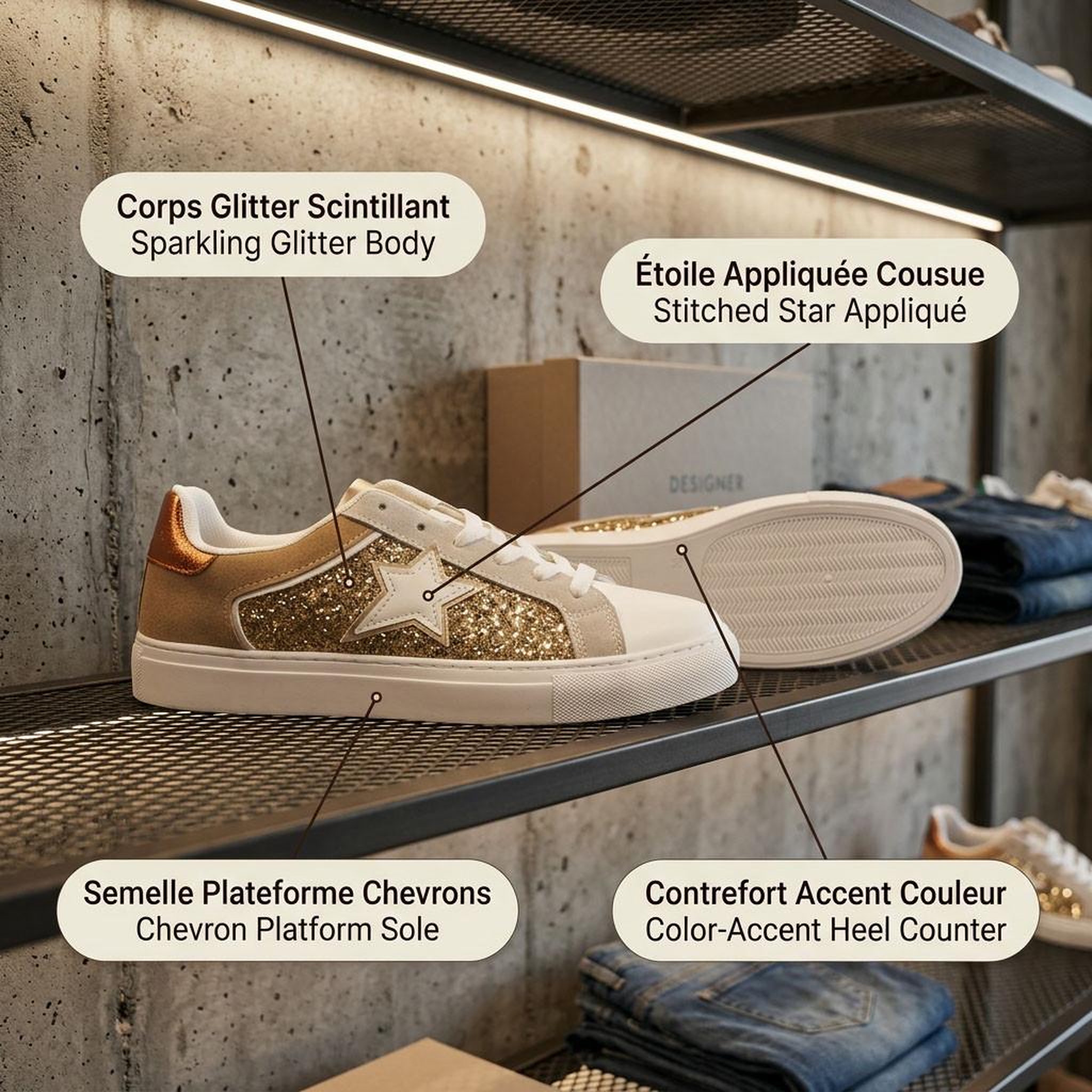 Voir la diapositive 4 : OZABI OZABI Sneakers Glitter Étoile Femme Plateforme Argent Or