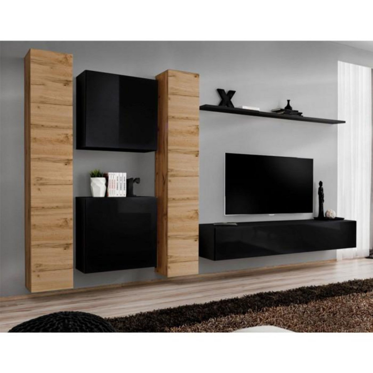 Paris Prix Meuble TV Mural Design  Switch VI  330cm Naturel & Noir
