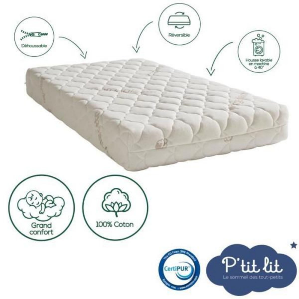 P'TIT LIT Matelas Bébé Coton Bio - 60x120x8 cm - 100% Coton - Déhoussable - Sans traitement chimique