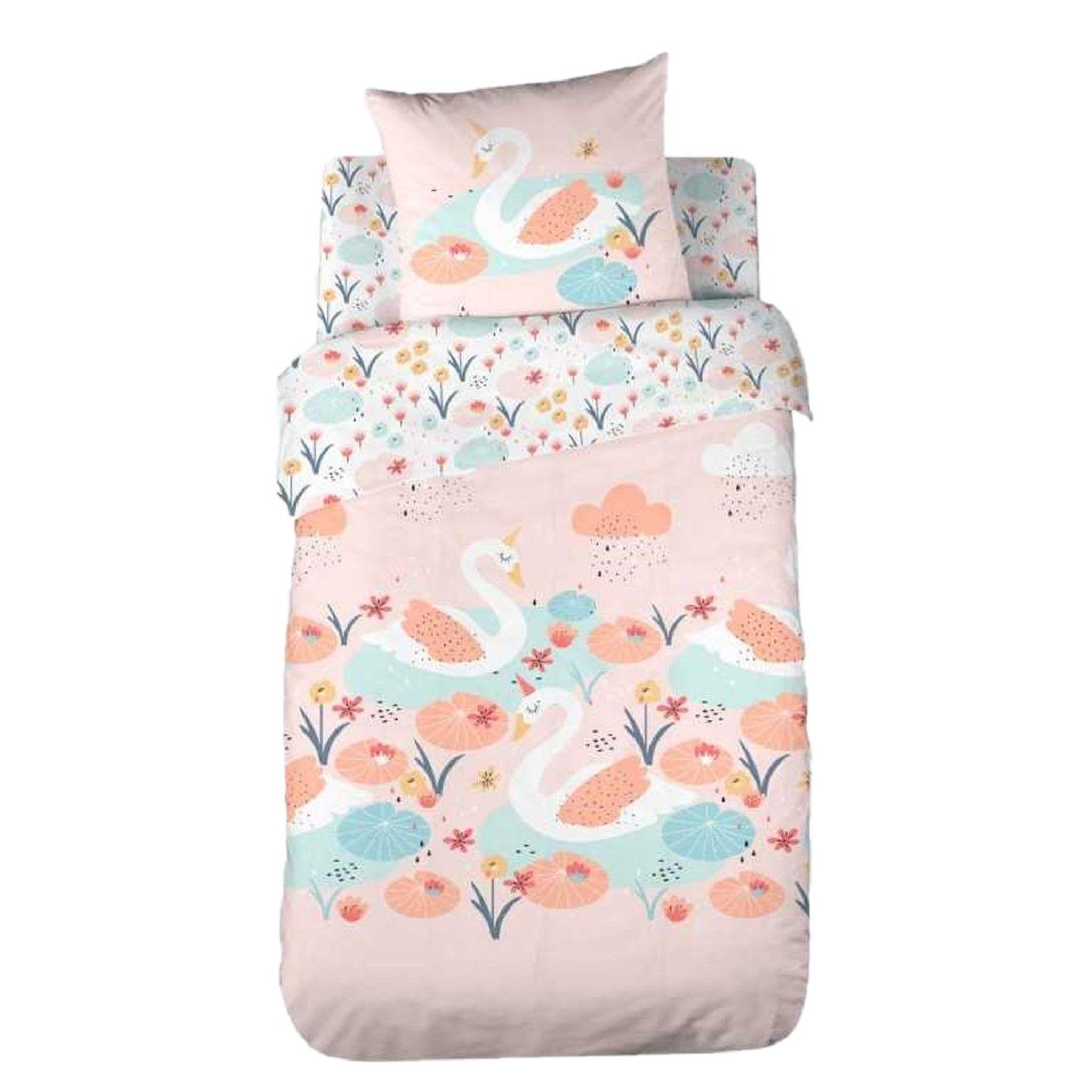 COTE DECO Parure de lit enfant cygne - coton 57 fils/cm² - 140 x 200 cm - rose