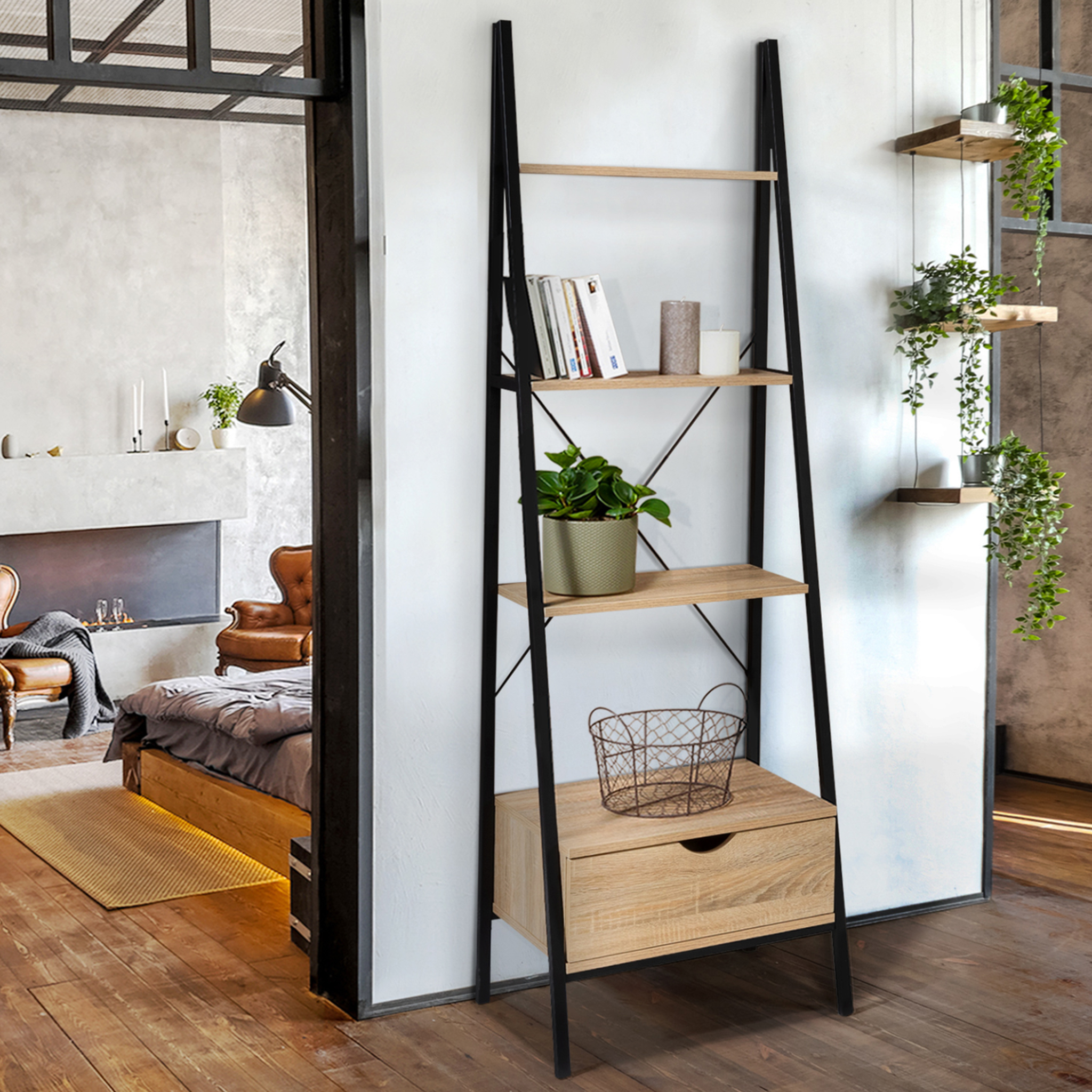 Voir la diapositive 2 : ID MARKET Etagère échelle 4 niveaux avec tiroir detroit design industriel