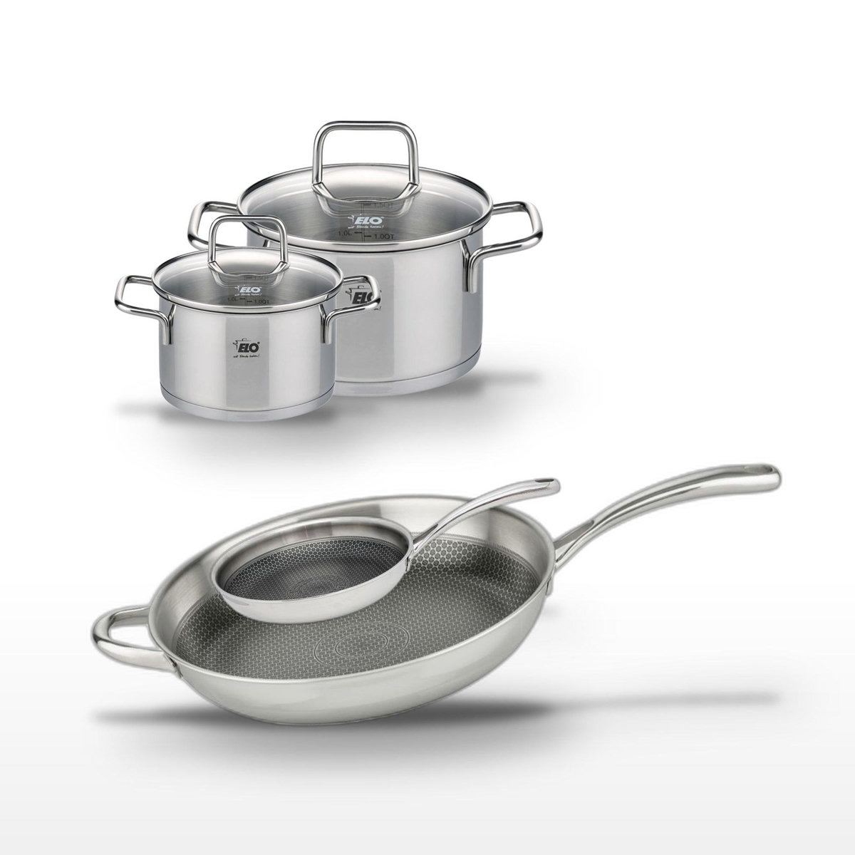 ELO Lot Faitout 12cm & 16cm et Poêles 32cm & 24cm Elo Relief Evolution