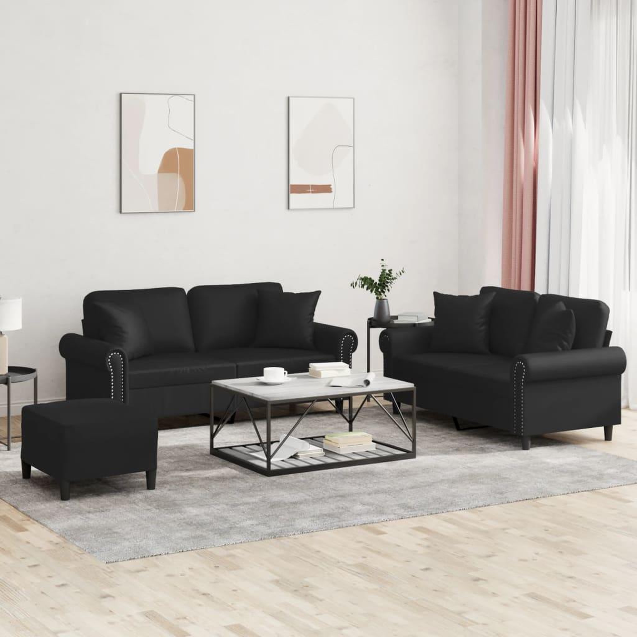 VIDAXL Ensemble de canapes 3 pcs avec coussins noir similicuir