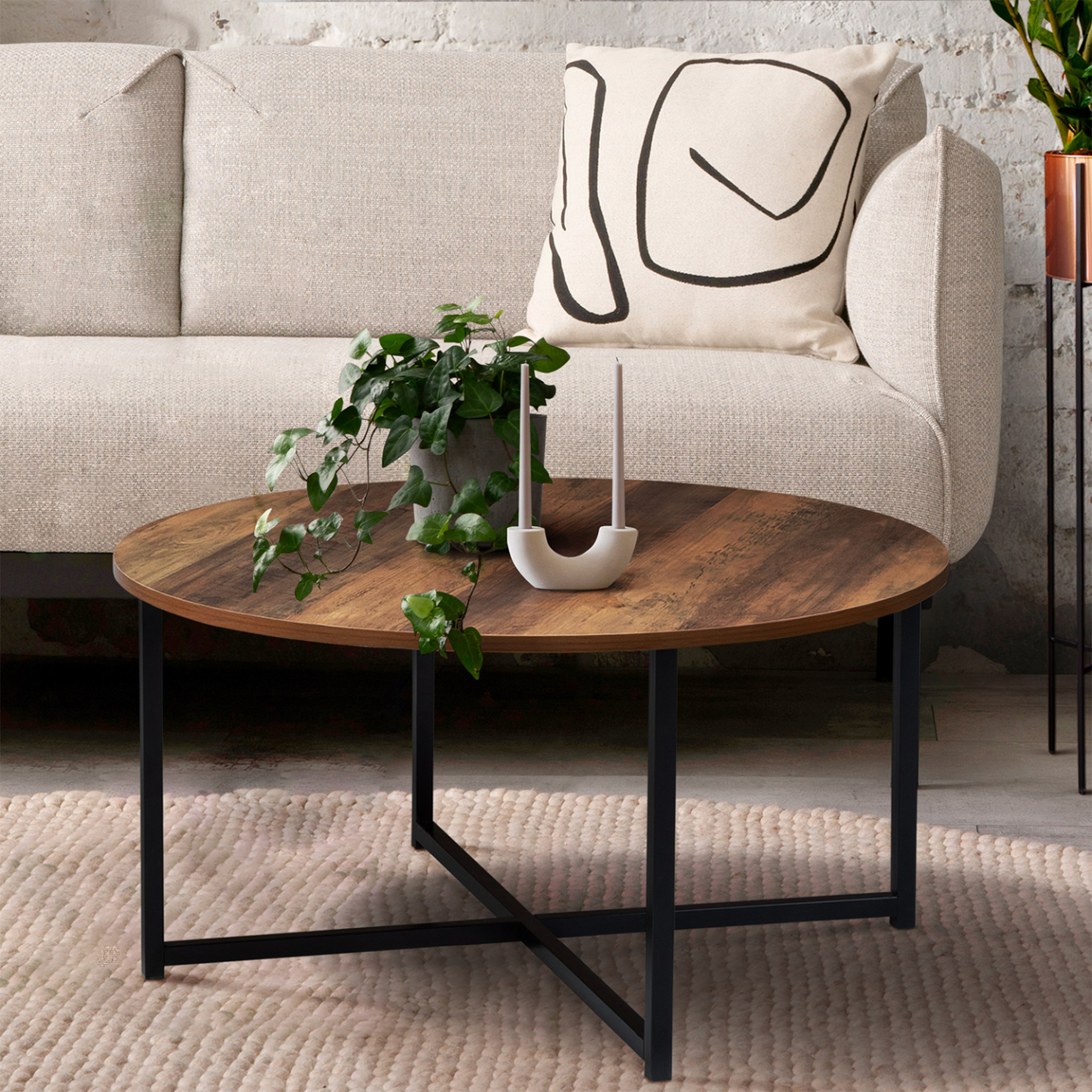 Voir la diapositive 2 : ID MARKET Table basse ronde hawkins 80 cm bois foncé design industriel