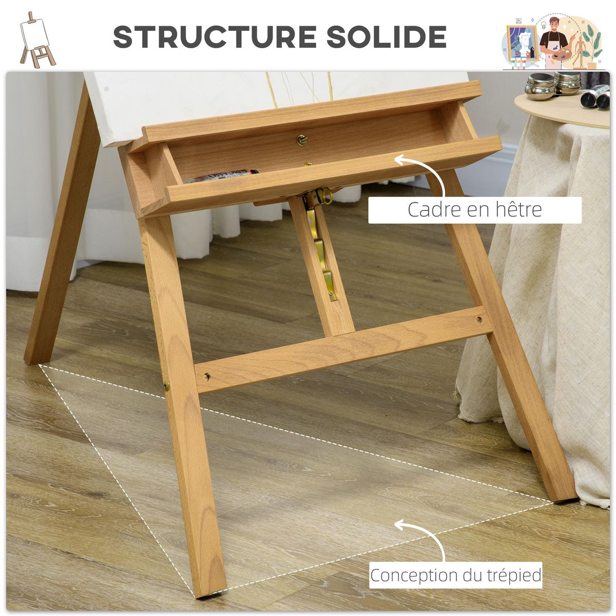 VINSETTO Chevalet d'artiste sur pied inclinaison et hauteur réglable dim. 65L x 110l x 180-235H cm bois de hêtre clair