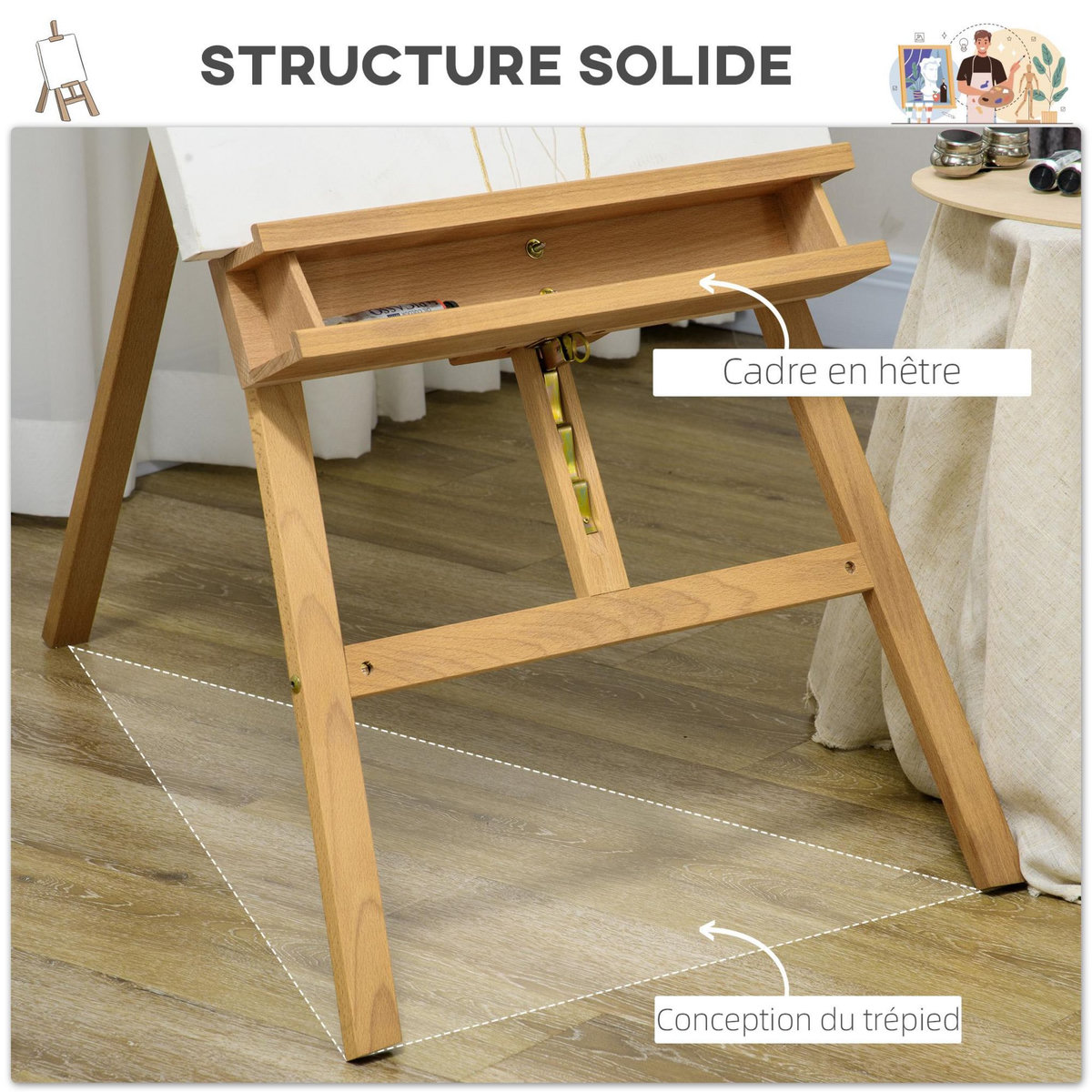VINSETTO Chevalet d'artiste sur pied inclinaison et hauteur réglable dim. 65L x 110l x 180-235H cm bois de hêtre clair