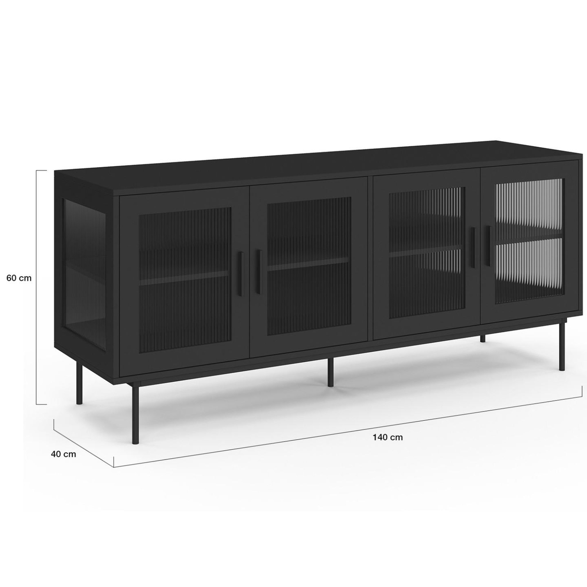 Voir la diapositive 5 : ID MARKET Buffet 140 cm zineb 4 portes vitrées façade cannelée noir